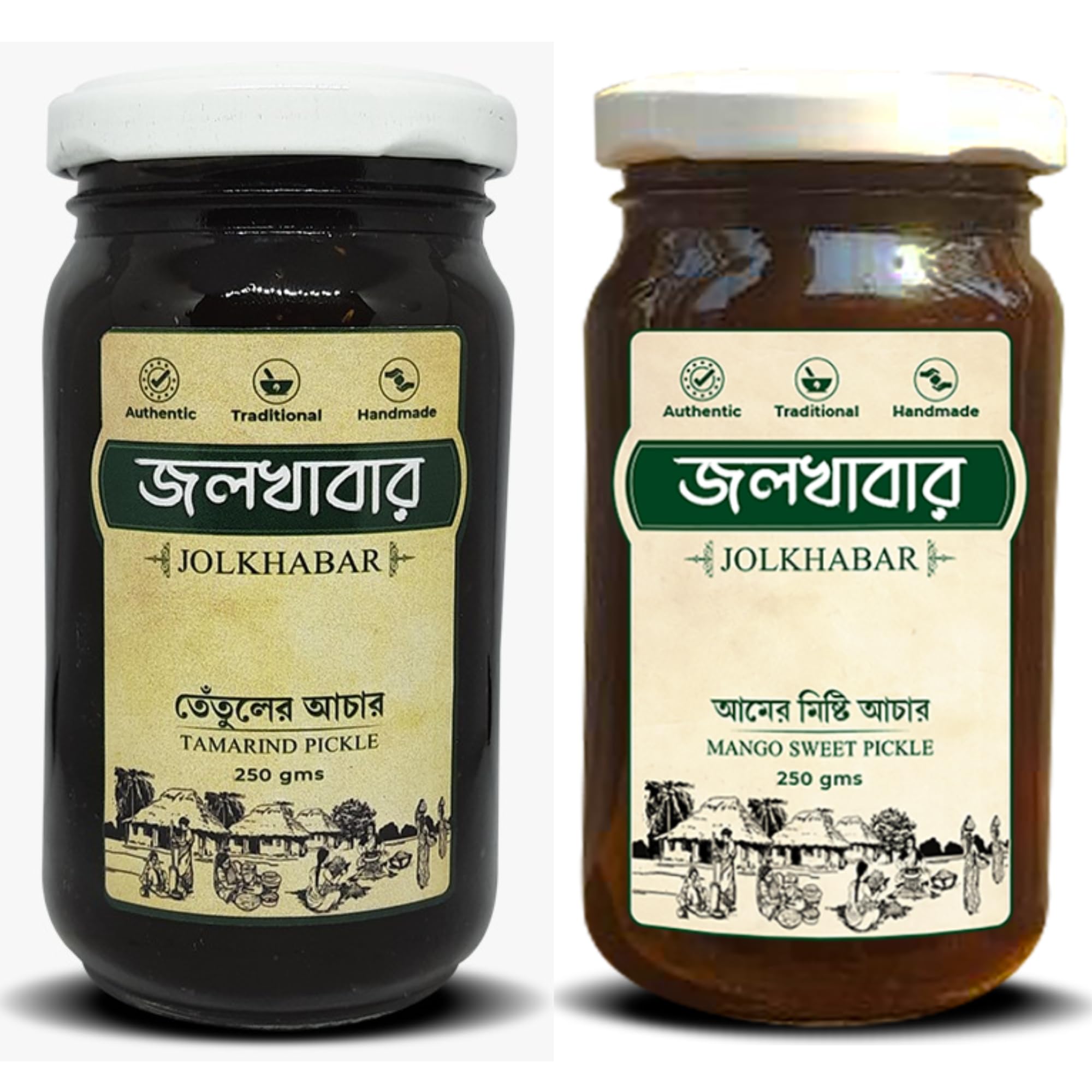JOLKHABAR | Tetul er Achar - Aam er Misti Achar 500 gms Combo Pack | Tamarind Pickle - Mango Sweet Pickle | Tentul and Mango MIsti Authentic Traditional Handmade Achar | Bengali Recipe | 500gms Pack (250 gms each) | Pack of 2