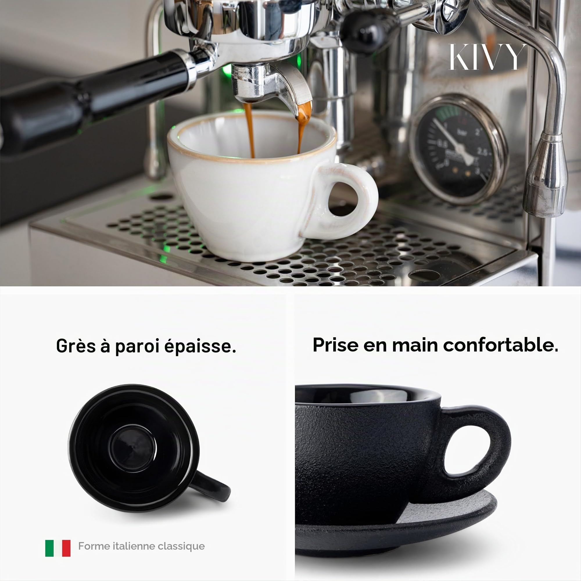 KIVY Lot de 4 tasses à cappuccino [170 ml] – Ensemble de tasses à cappuccino en céramique à paroi épaisse pour latte art – Tasses à latte – Tasse à latte et soucoupe en céramique noire