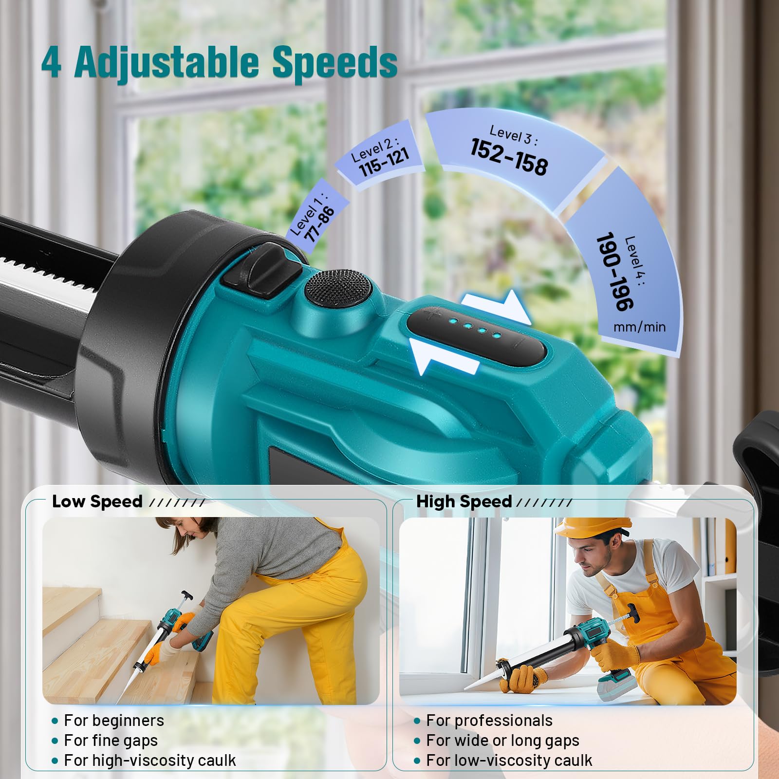 Pistola Silicona Compatible con 18V Makita Batería, Pistola Silicona Bateria de 10 oz/300 ml, Pistola Silicona Electrica Ajuste de 4 Velocidades para llenar y sellar (Sin Batería)