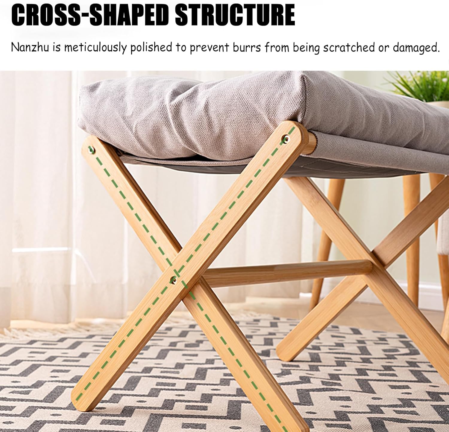 Folding Upholstered Footrest Stool, Bamboo X Legs & Thick Foam Cushion, Small Accent Ottoman for Lazy Chair, Makeup, Bedroom, Living Room, 20.8" L x 13.7" W x 14.2" H (Beige)