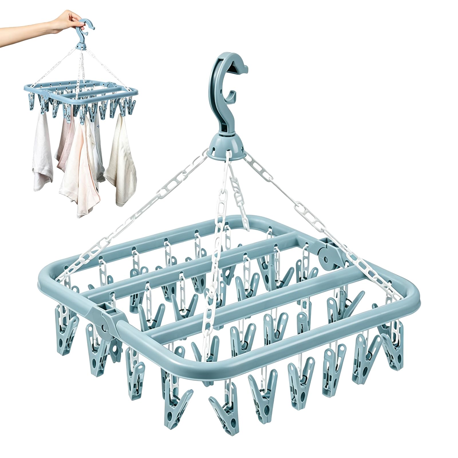 Lyyixbix Clothes Drying Hanger with 32 Clips and Drip, Rotary Wind Sock Hanger Space Saving Sock Hangers Drying Multi Functional Socks Foldable Design for Underwear Hats Small Laundry Items