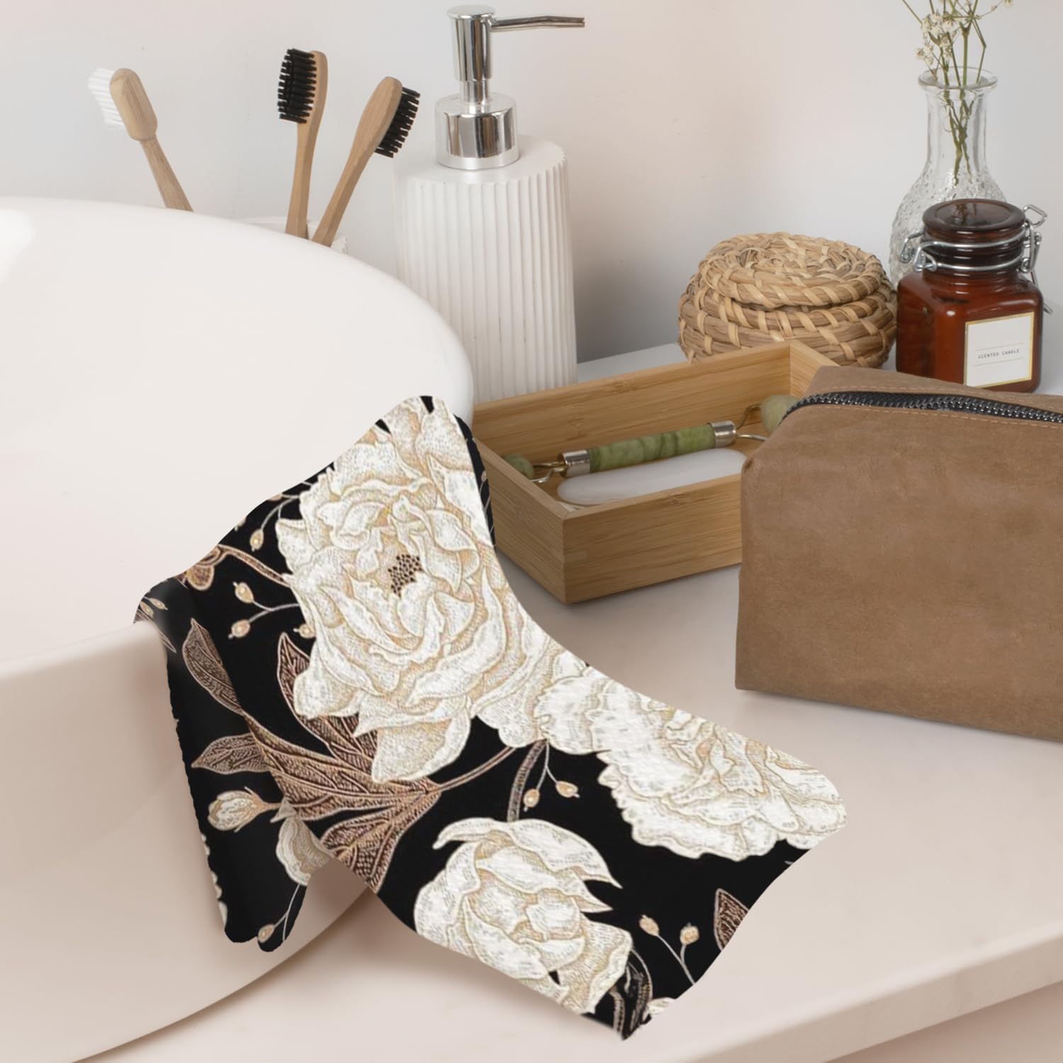 Vintage Peony Floral Kitchen Towels Decorative, Rustic Black White and Gold Flower Botanical Dish Hand Tea Towels, Cottagecore Floral Kitchen Bathroom Decor, 16x24 Inch - Image 5