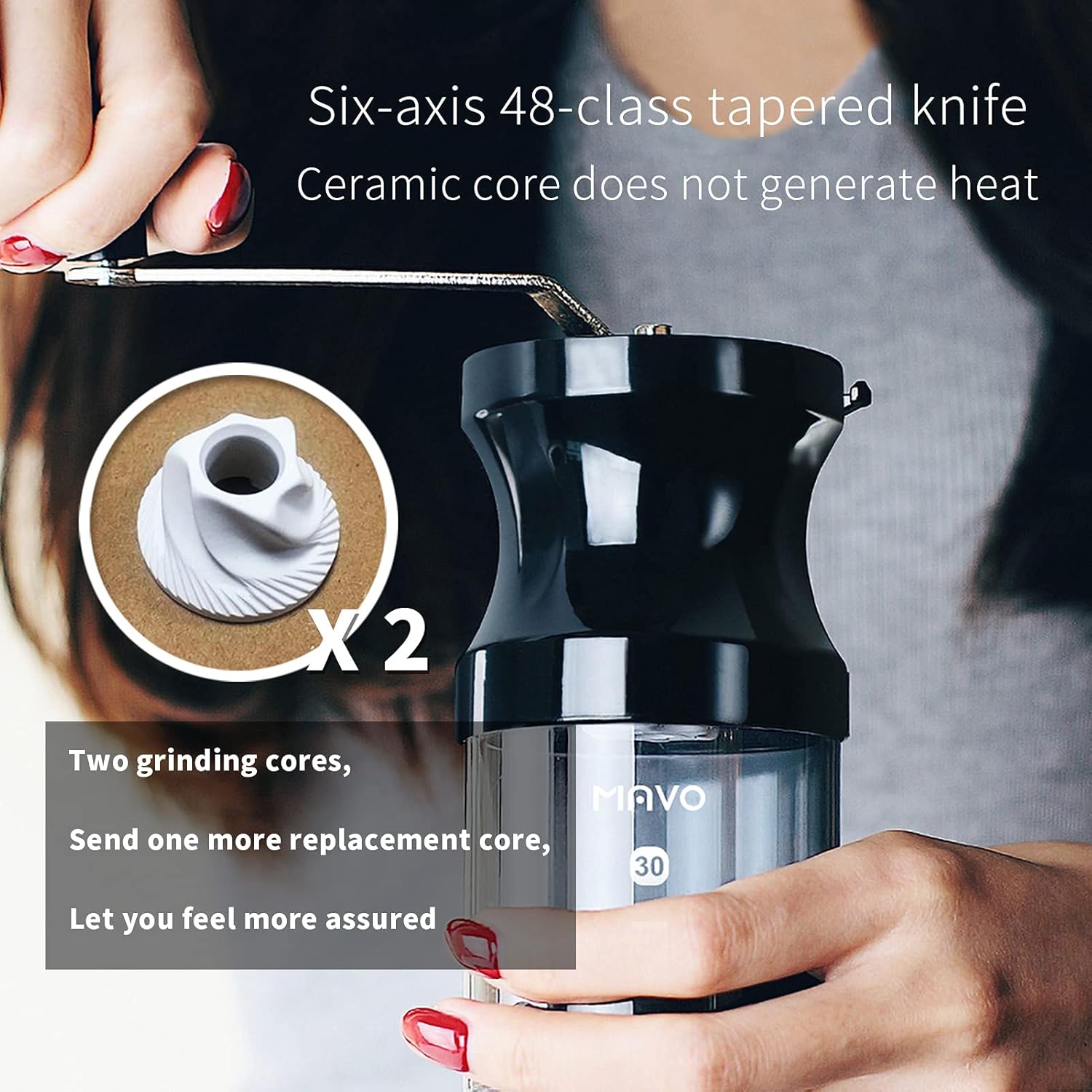 MAVO Manual Coffee Grinder, Burr Coffee Bean Grinder - Conical Ceramic Burrs x 2-12 Adjustable Setting - with Ceramic Grinding Core - Perfect for French Press, Pour Over