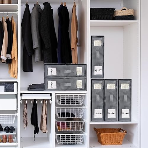 Miniatura 3 de Organizador y almacenamiento de sábanas de cama de 6 piezas, organizador plegable con manija de ventana etiquetada, cremallera, cubo gris, caja de