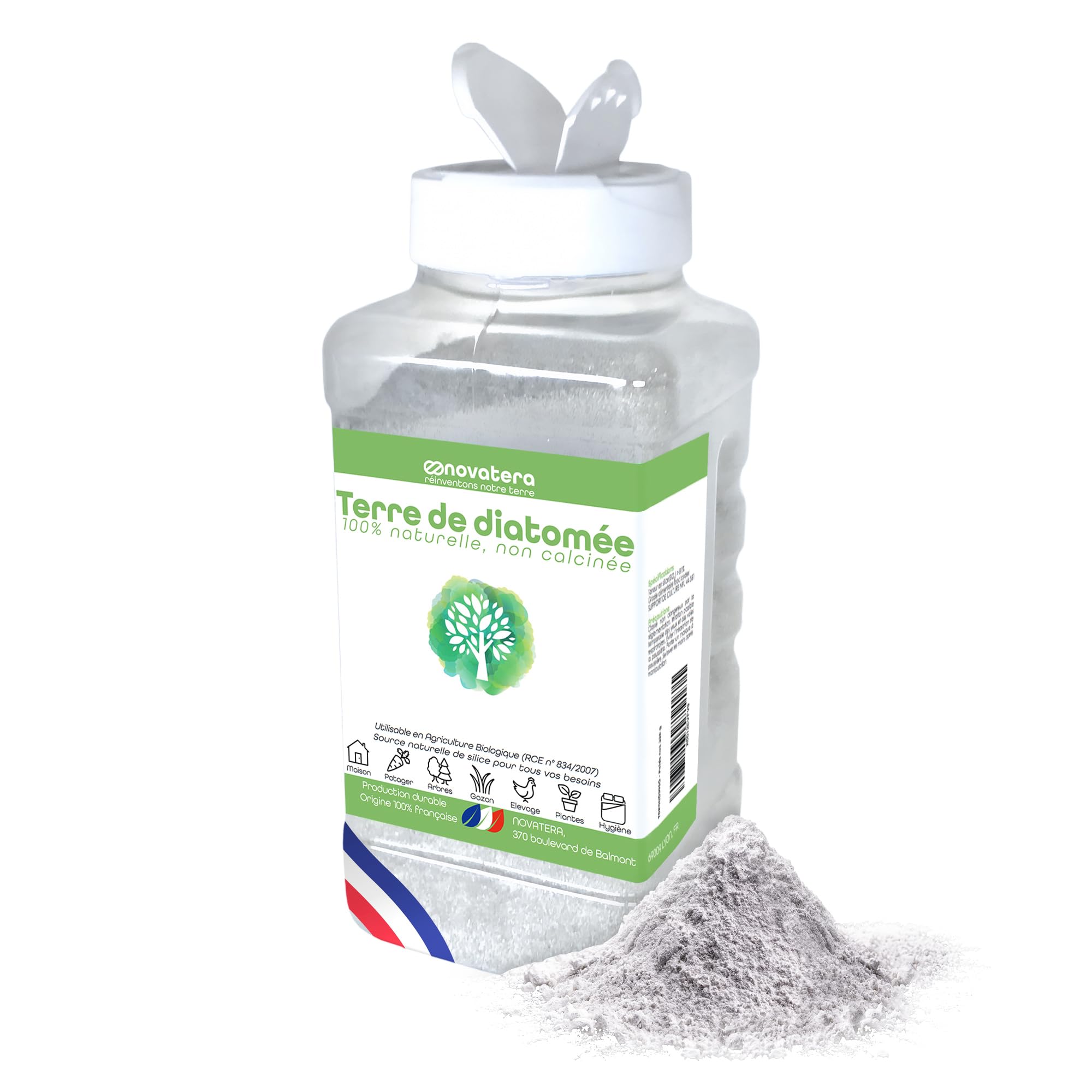 NOVATERA I Terre de Diatomée Naturelle I 100% extraite et conditionnée en France I Ultrapure Non Calcinée I Certifiée Agriculture Biologique I Entretien, Animaux, Agriculture... I Poudreuse 300g