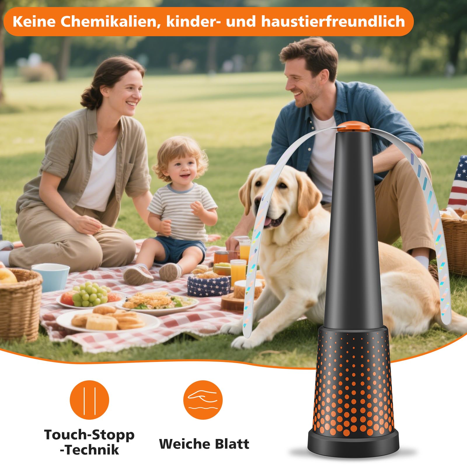 2 Stück Fliegenwedler,Einziehbar und Aufhängbar Fliegenwedler für den Tisch, Tragbarer Mückenschutz Ventilator für Fliegenventilator zum Fliegen Fliegenwedler für Tische-Orange