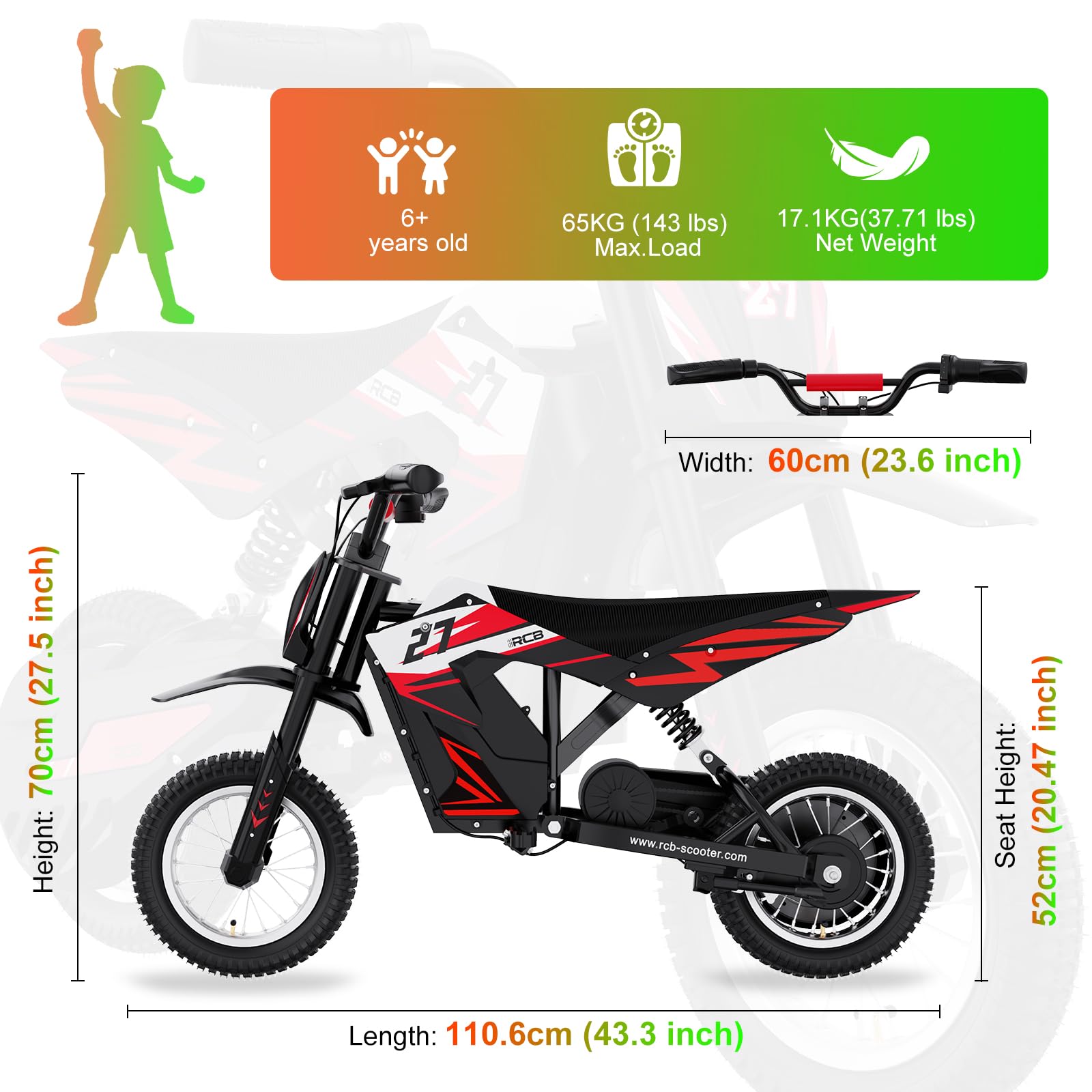 RCB TECH R9X Moto Électrique Enfants, Moteur performant, 3 Modes de Vitesse, Max 25km/h, autonomie Max 17KM, pneus pneumatiques 12 Pouces, vélo Moto Cross pour Enfants âgés de 6+ Ans