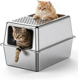Katzenklo Edelstahl mit Deckel, Geschlossenes Katzentoilette Vollmetall Groß XXL, Katzenklo mit Hoher Rand, Hop-in Katzentoilette für Katzen Aller Größen, Antihaft, Geruchsfrei, Leicht zu Reinigen