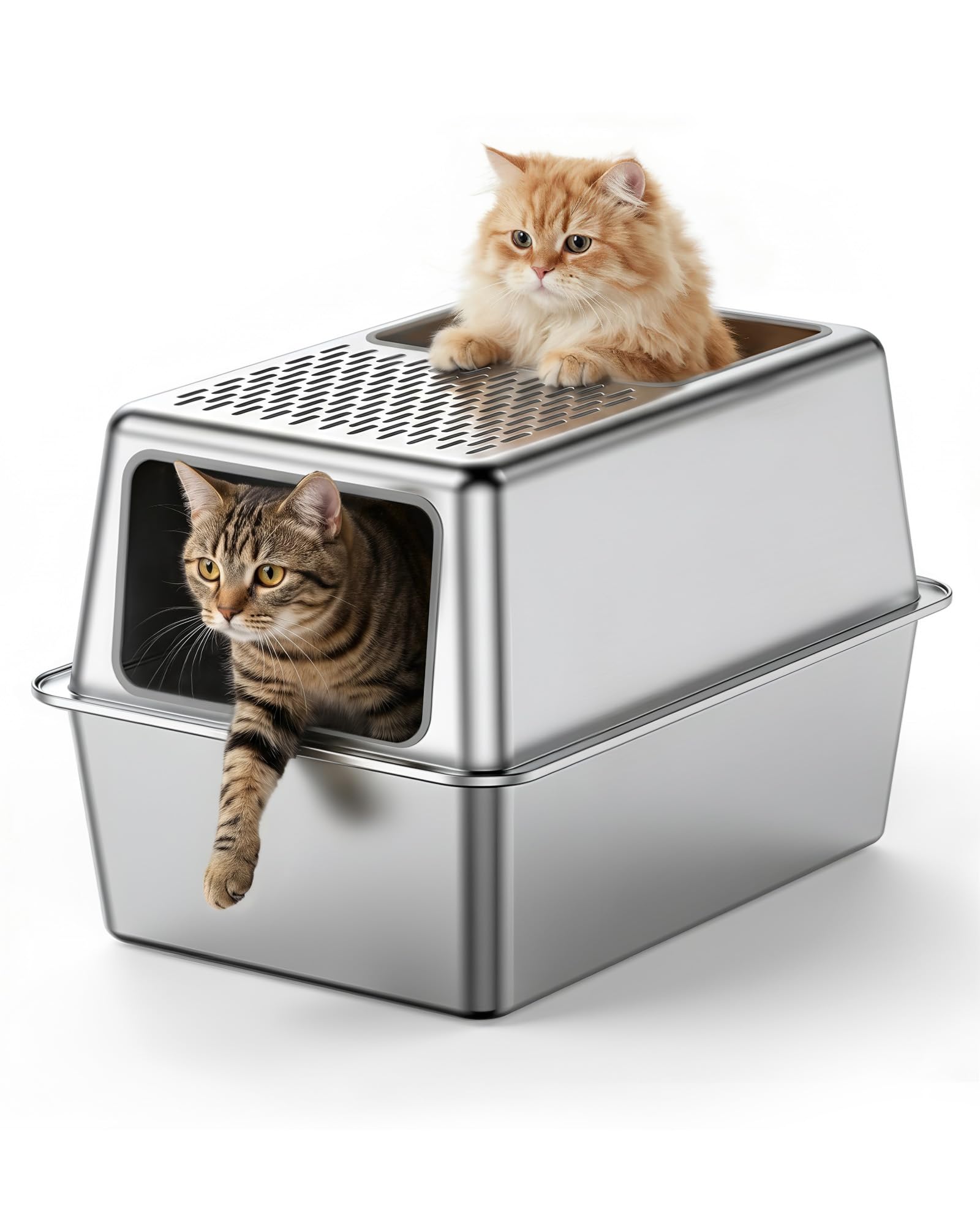 Stainless Steel Cat Litter Tray with Lid, Enclosed All-Metal Cat Litter Box XXL, Hooded High Sided Toilet for Cats, Top-Entry Pet Tray for Large and Small Cats, Non-Stick, Odour-Free, Easy to Clean