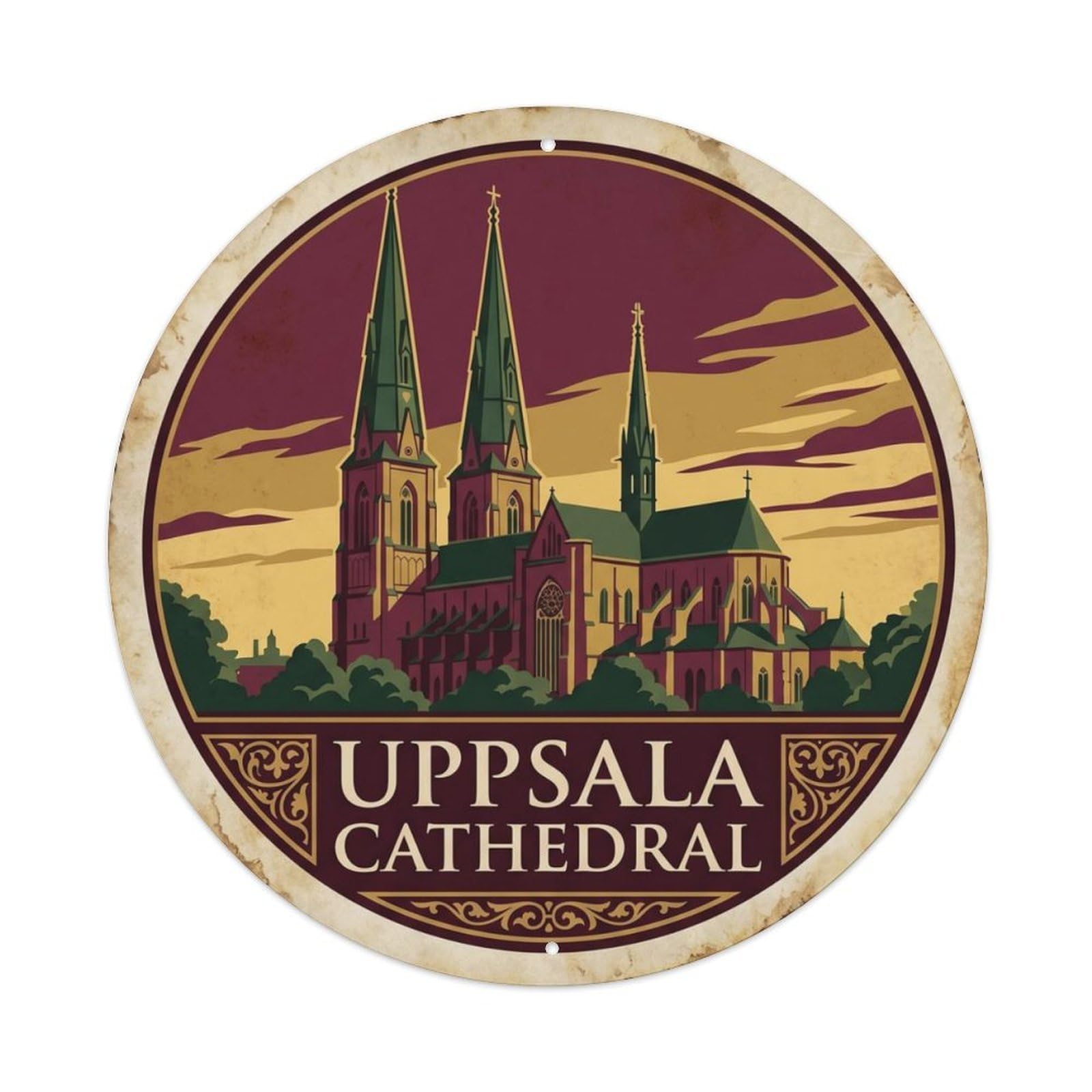 Vintage Travel Uppsala Sweden Cathedral Metal Tin Sign Plaque Wall Decor for Cafe, Club Bar, Office, Home Garden Round Metal Poster 8x8Inch