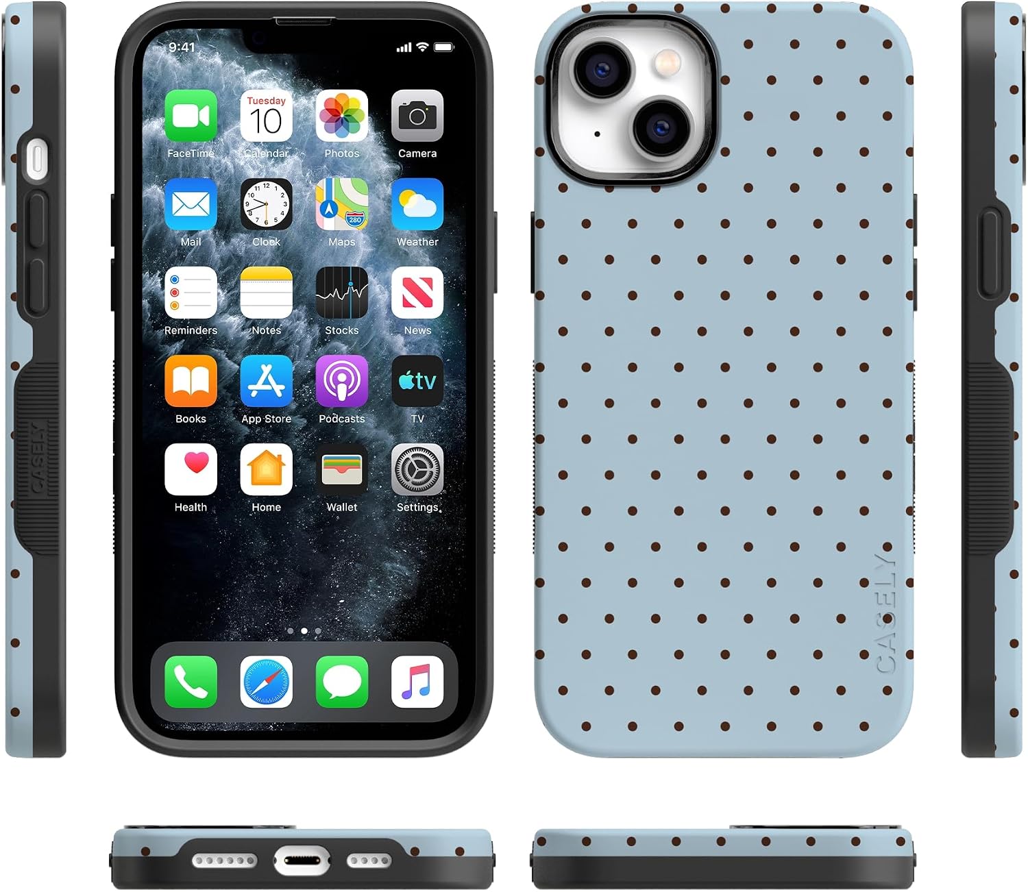 Casely iPhone 14 Plus Case | On the Dot | Blue & Brown Polka Dot | Bold Protective Design | Compatible with MagSafe