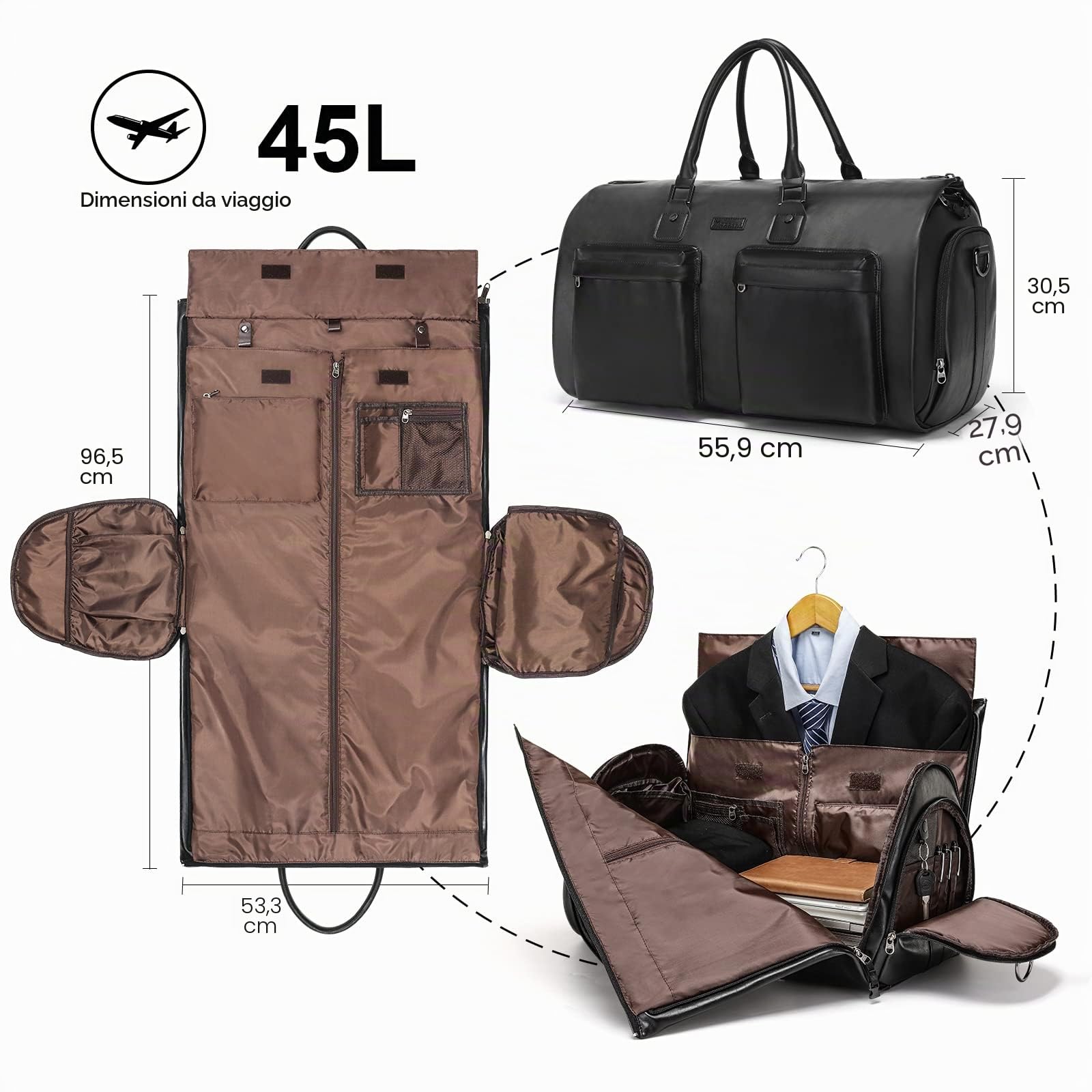 Modoker Porta Abiti Convertibile in Pelle, Borse Porta Abiti da Viaggio Borsone Porta Abiti Impermeabile Regali per Uomo Donna Business - 2 in 1 Valigia da Appendere Borse da Viaggio, Nero