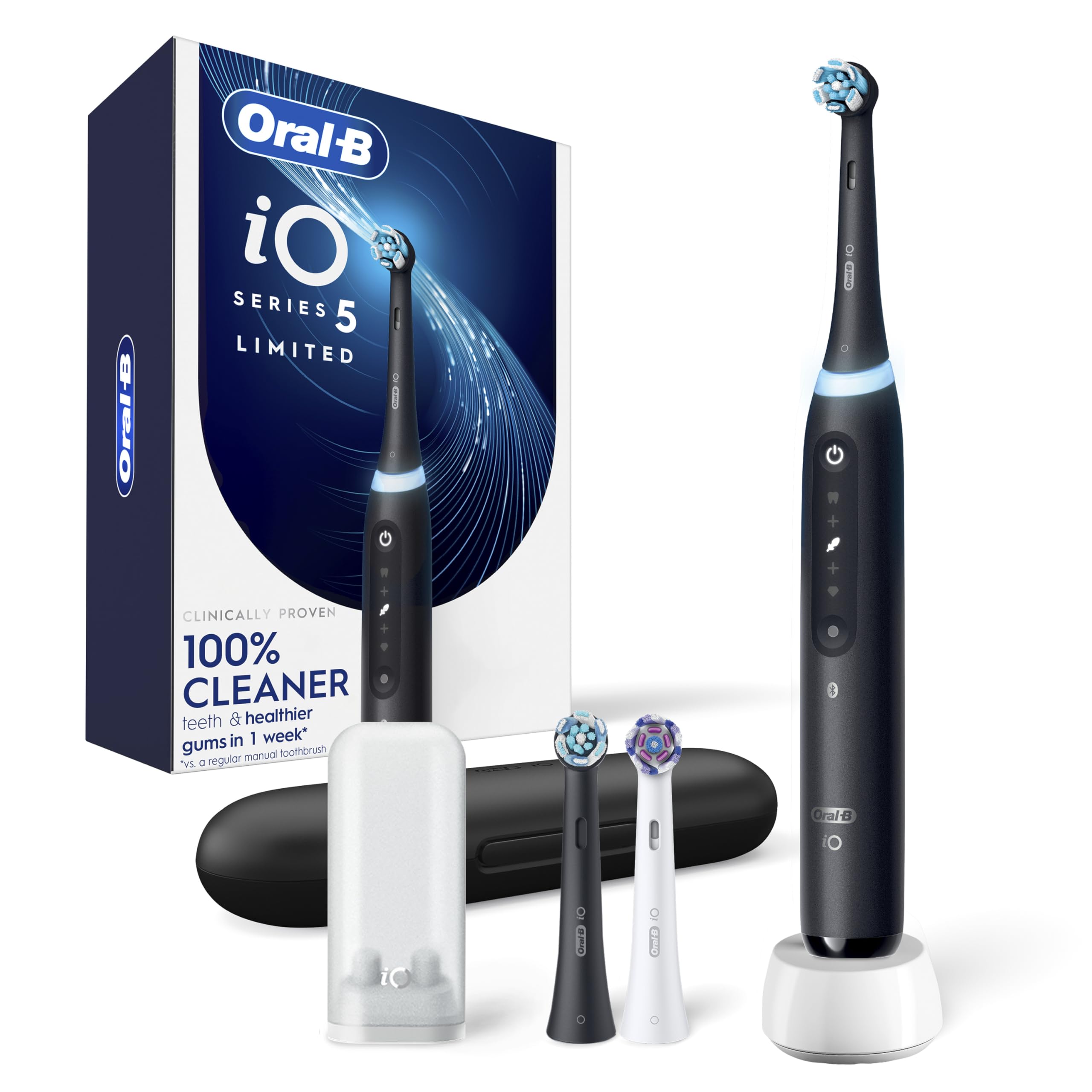 iO Deep Clean + Whiten Rechargeable Electric Toothbrush with Visible Pressure Sensor, 2 Minute Timer, 5 Cleaning Settings, 1 iO5 Limited, 3 Toothbrush Heads, Travel Case & Refill Holder, Black