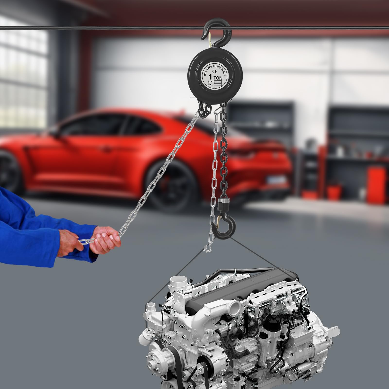 Paranco a catena con capacità di carico 1T/2T, paranco a mano con gancio stabile, paranco manuale per fabbriche di trasporto, garage, cantieri navali, altezza di sollevamento 2,9 m (nero, 1T)