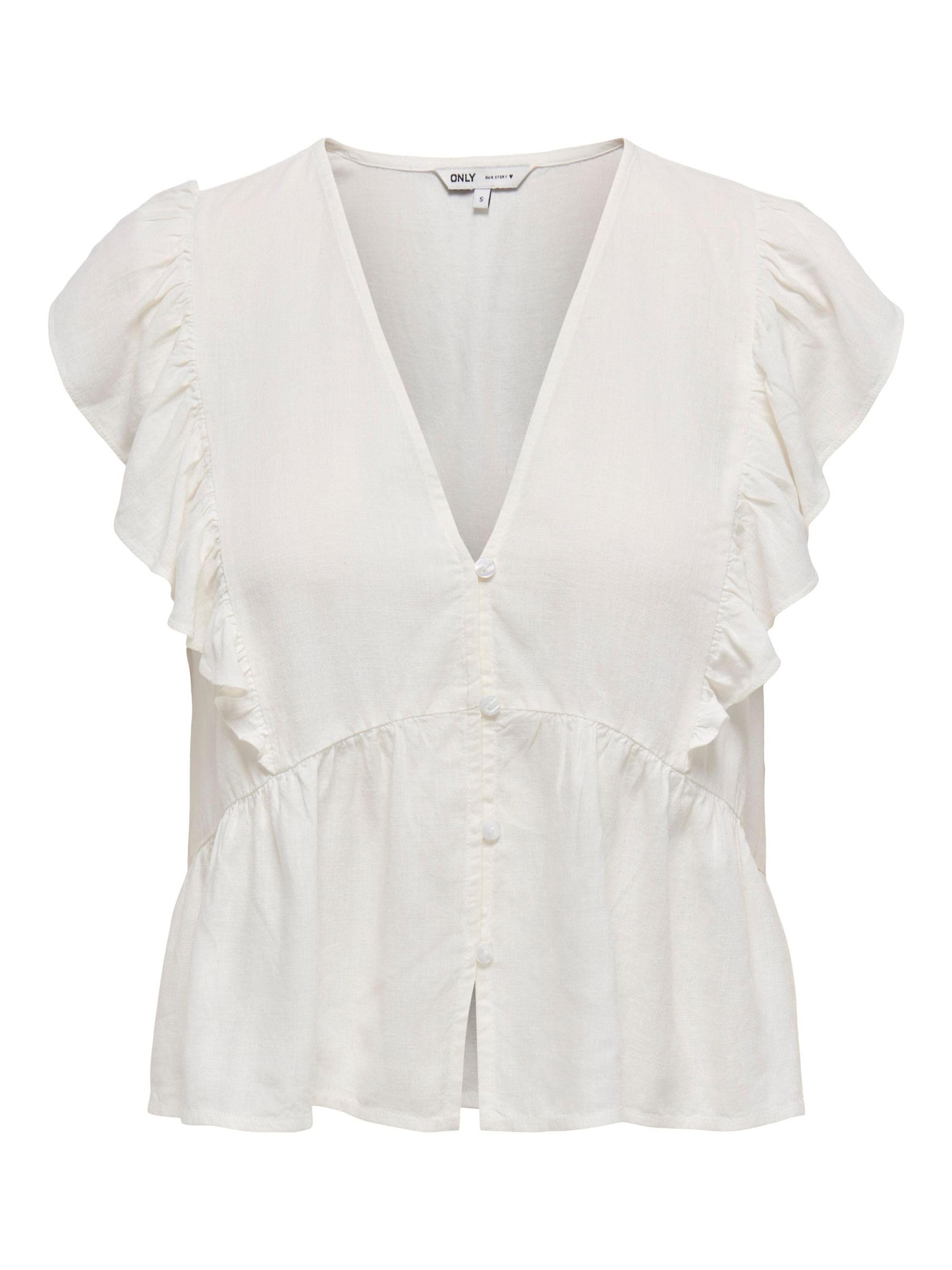 ONLY Chemisier pour Femme avec col en V, Manches Courtes, boutonnière, détail péplum, Cloud Dancer, M