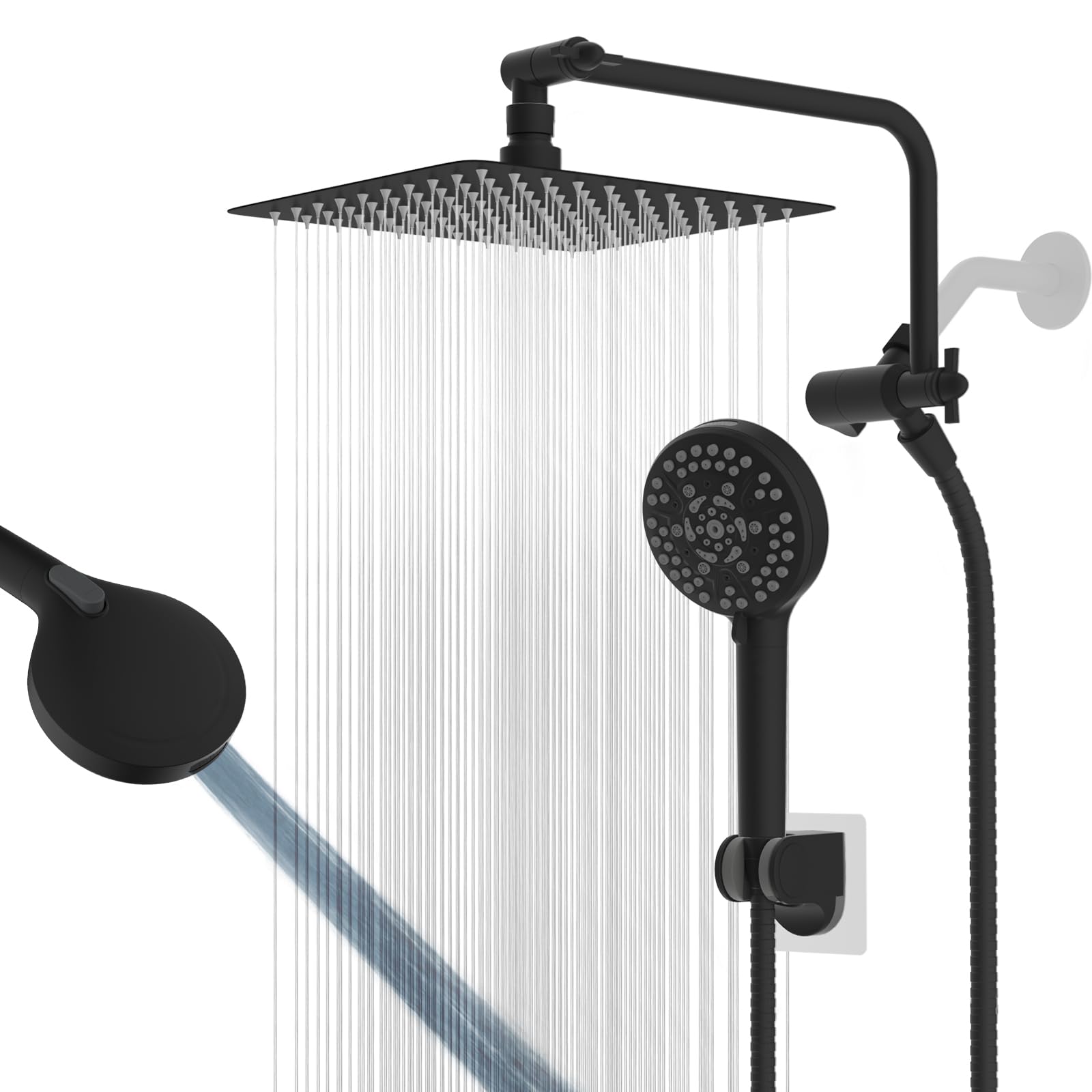 Rain Shower Head with Handheld Head High Pressure 10" Rainfall Showerhead + 7-Spray Handheld Showerhead Combo, 11" Shower Extension Arm, 71" Hose, 3 Settings Diverter, Matteblack