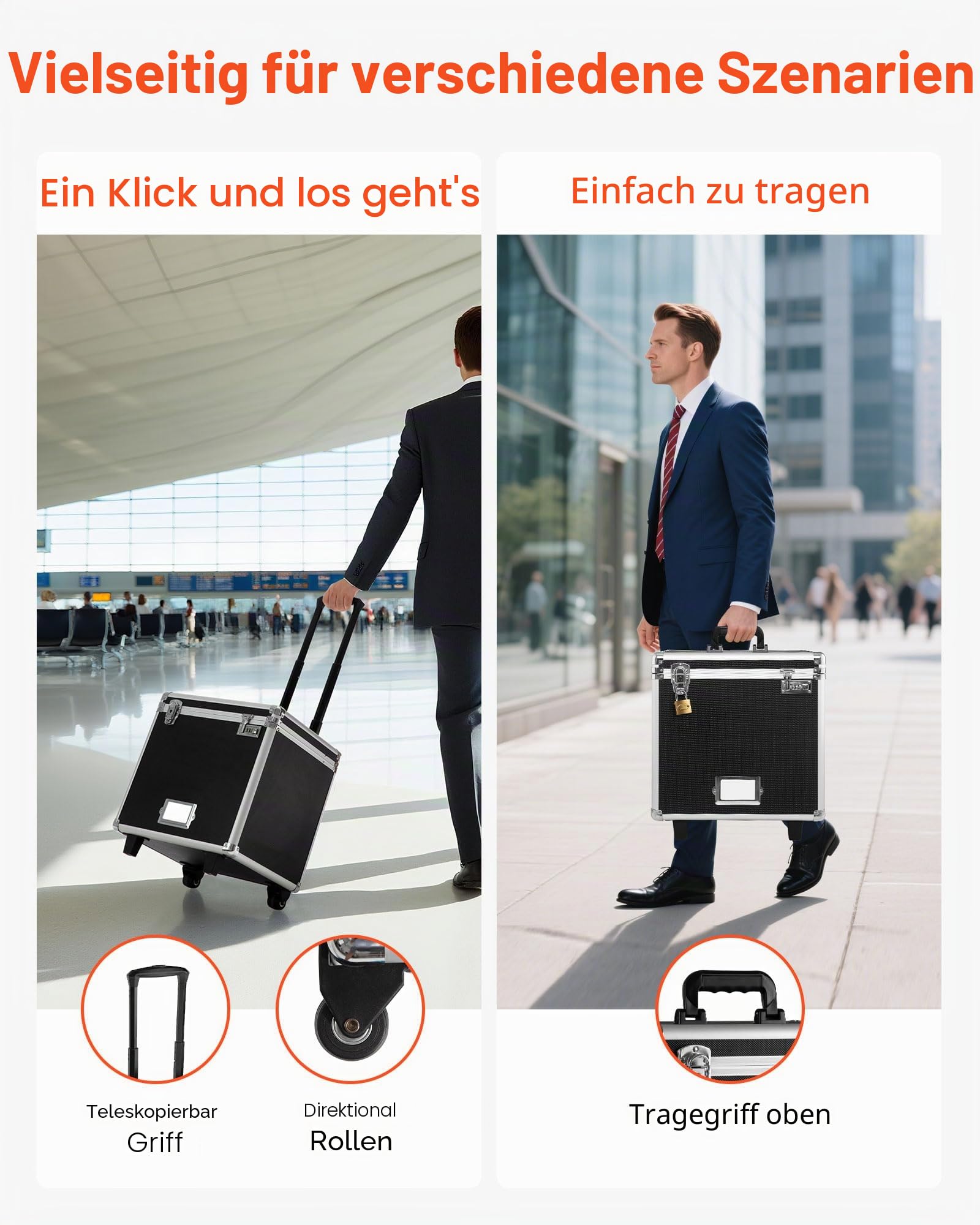 VEVOR Aktenaufbewahrungsbox, 396,2x320x381 mm Innenmaß, abschließbarer mobiler Businesskoffer mit Teleskopgriff, Aktenkoffer mit Handauszug für Büro, Zuhause, Büros, Krankenhäuser, Banken