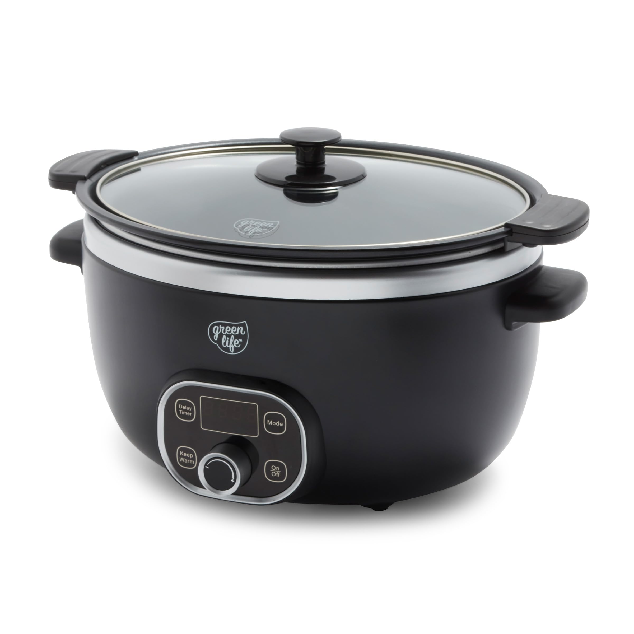 GreenLife 6QT Slow Cooker, Non-Toxic PFAS-Free Ceramic Nonstick Removable Interior Bowl, Programmable, Family Friendly, Keep Warm, Stovetop & Oven Safe, Dishwasher Safe Parts, Timer, Glass Lid, Black