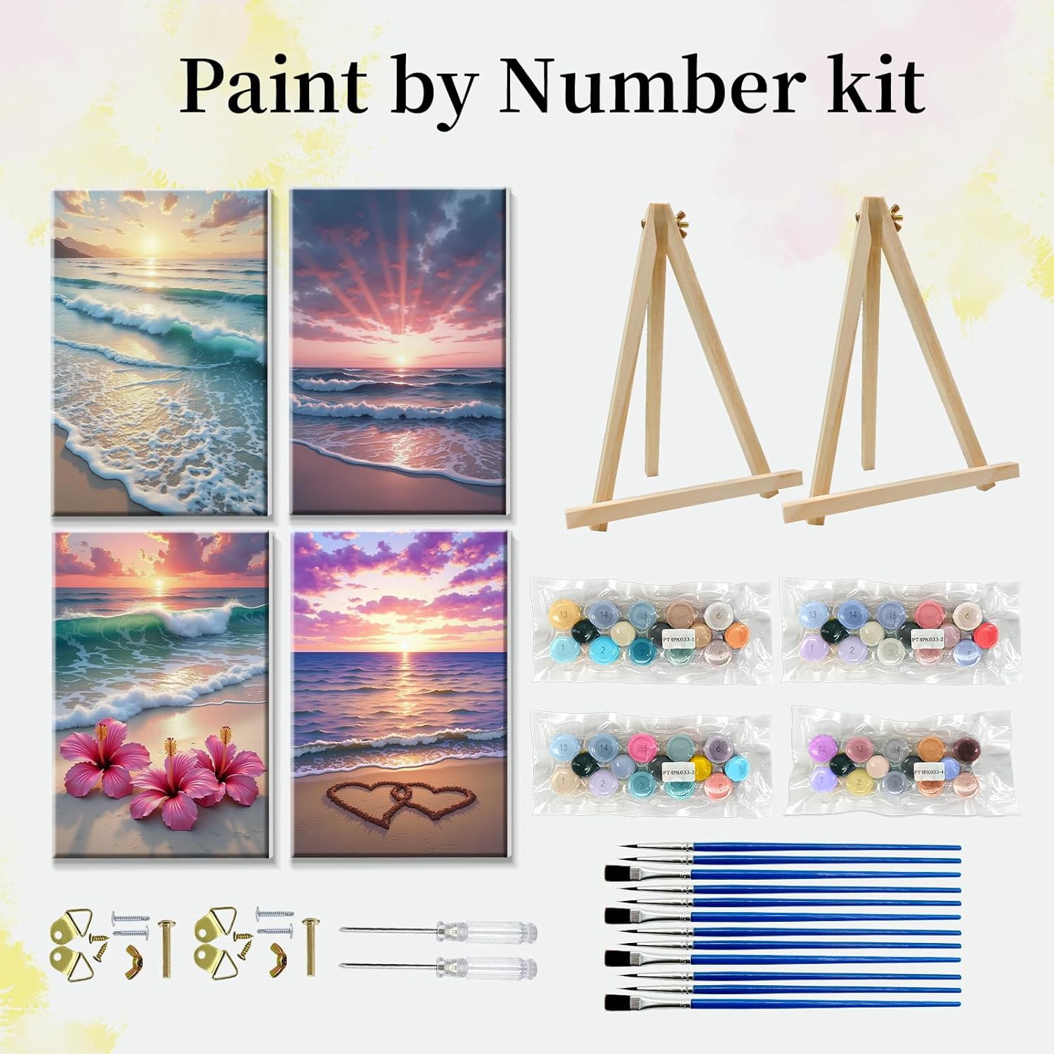 JOOZ 4 Pack Paint by Numbers Kit for Adults with Frame Beach Sunset Paint by Number with Easel DIY Flowers Adult Paint by Number Kits Framed Canvas Oil Painting Kits for Home Wall Decor 8x12 Inch