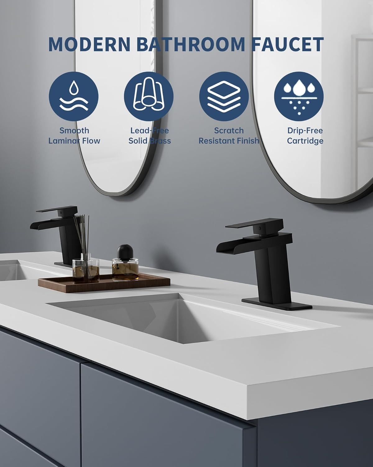 Waterfall Bathroom Faucet, Matte Black Modern Single Handle Bathroom Faucets for 1 or 3 Hole Bathroom Sink Faucet Washbasin Faucet Mixer Tap with Deck and 2 Hoses