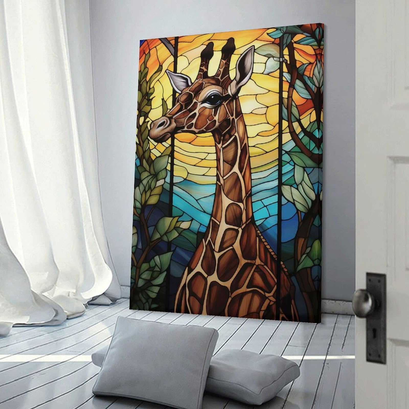 Junmoney Canvas Art Print Stained Glass Giraffe Portrait, 24x36inch(60x90cm), for New Homes, Bedrooms Or Workspaces, Thoughtful Wall Decor for Art Lovers