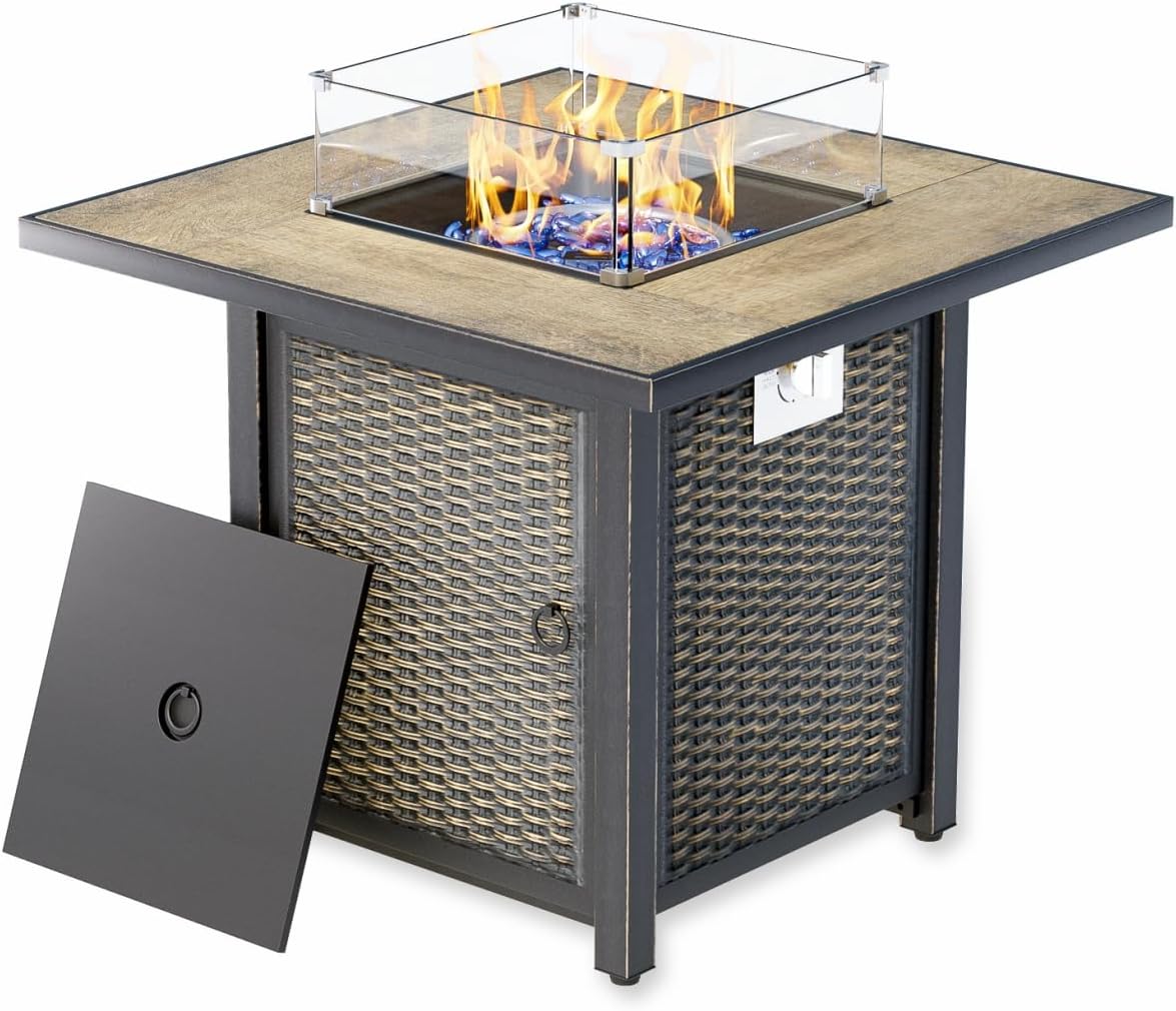 30" Square Fire Pit with Ceramic Tabletop – 50,000 BTU with Wind Guard Glass, Lid, Rocks and Cover – Modern Outdoor Propane Gas Fire Pit Table for Deck or Patio (Black, 30” Square)