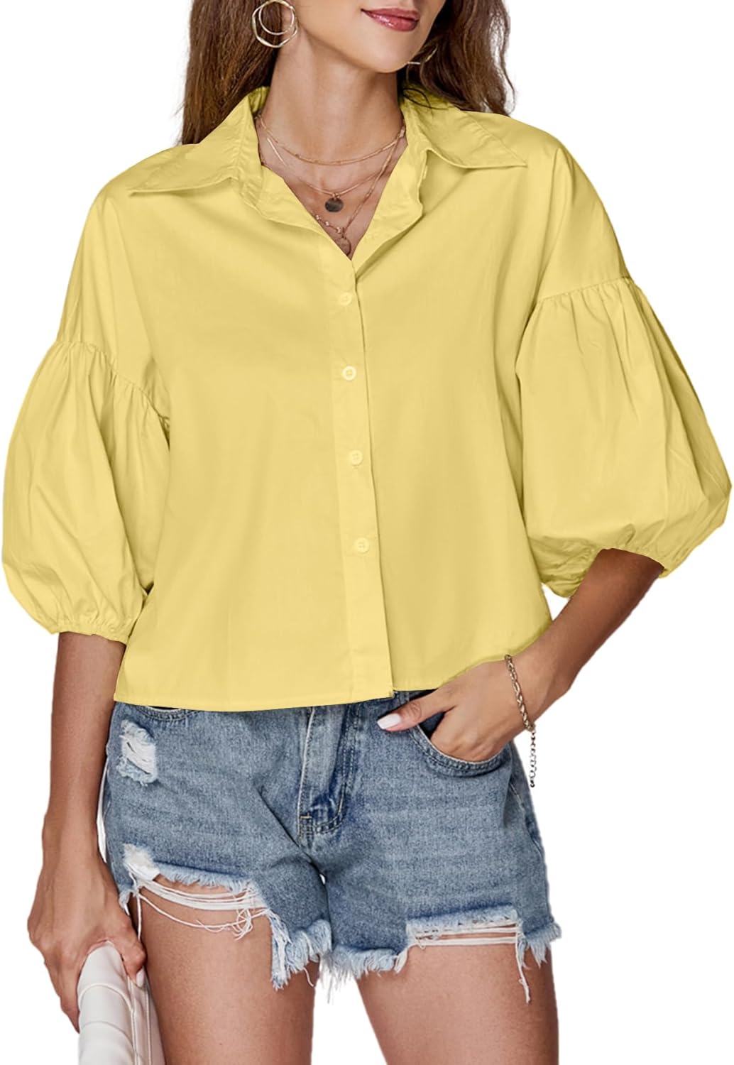 LYANER Women's Collar V Neck Button Down Lantern Short Sleeve Blouse Crop Top Shirt - Image 5
