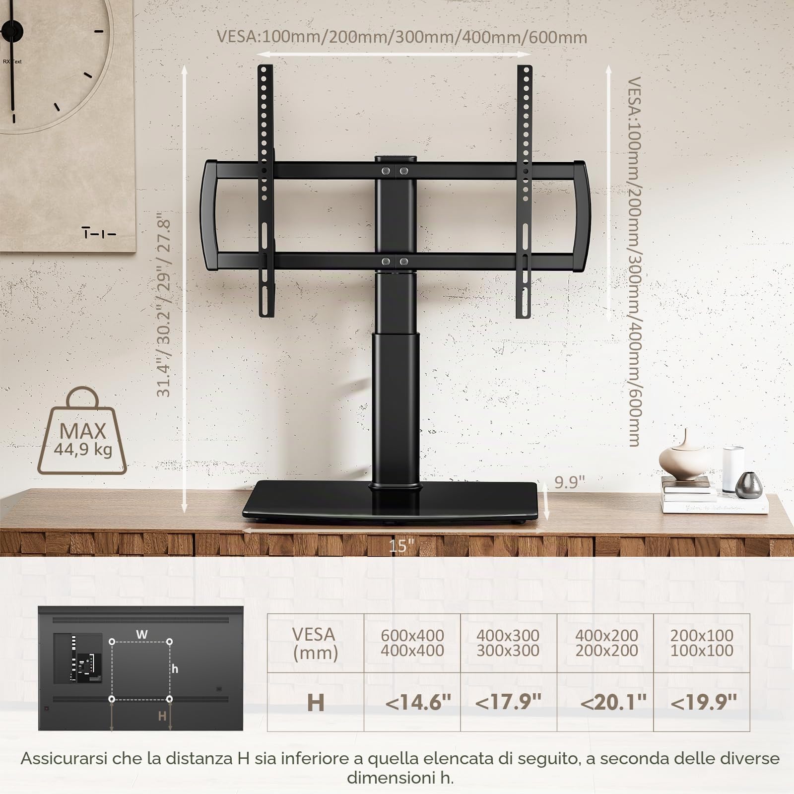Hemudu Supporto TV da Tavolo, Staffa TV 32 a 70 pollici LCD/LED/Plasma, Supporto TV Universale Girevole 80º, Piedistallo TV 4 Livelli di Regolabile in Altezza, Max 40 Kg, VESA Massimo 600x400 mm