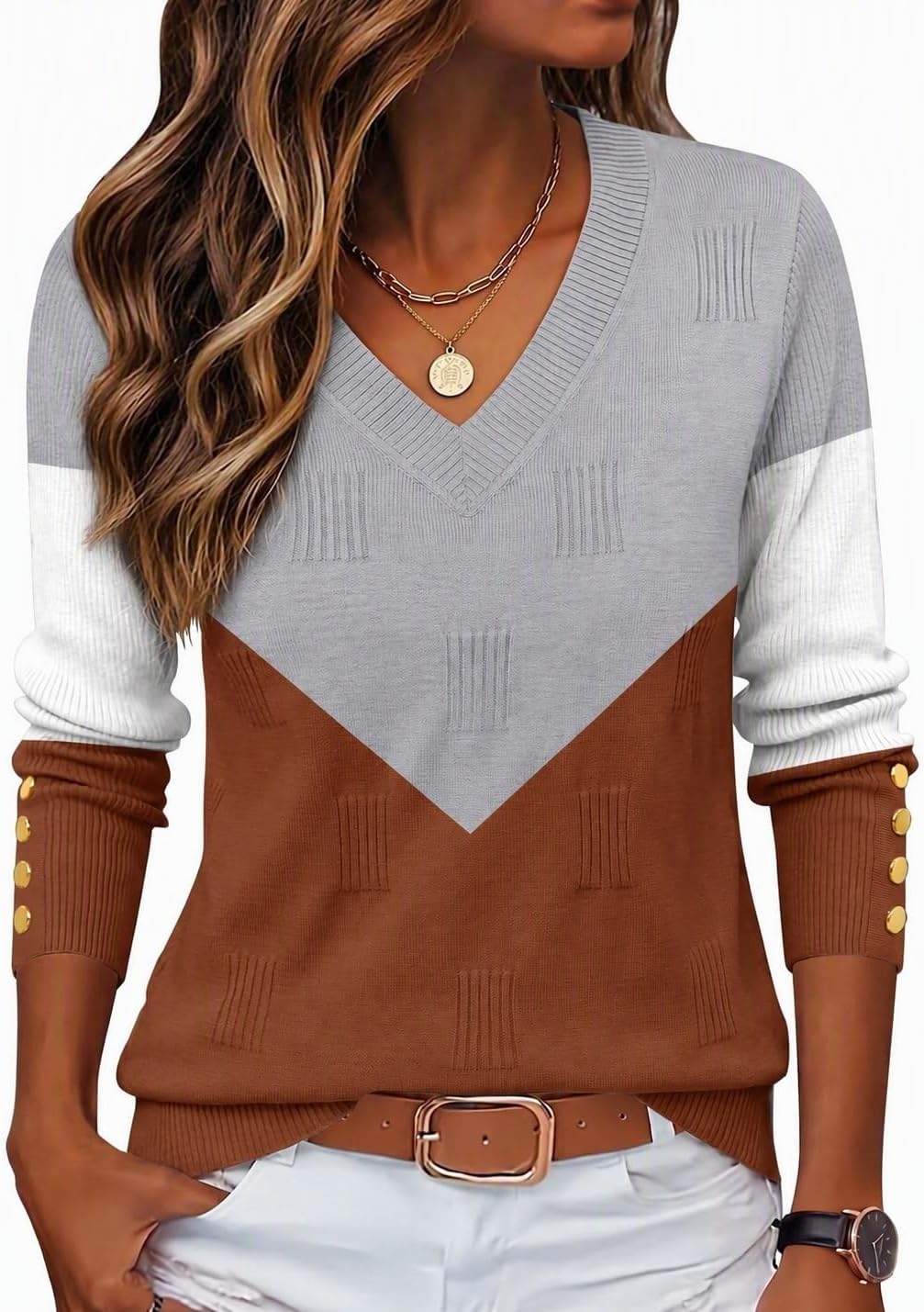  Womens V Neck Sweaters Long Sleeve Lightweight with Buttons Oufits thumbnail
