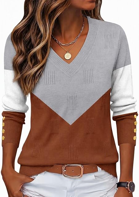 Zeagoo Womens V Neck Sweaters Long Sleeve Lightweight with Buttons Oufits | Basic Pullover Sweater Blouse Tops