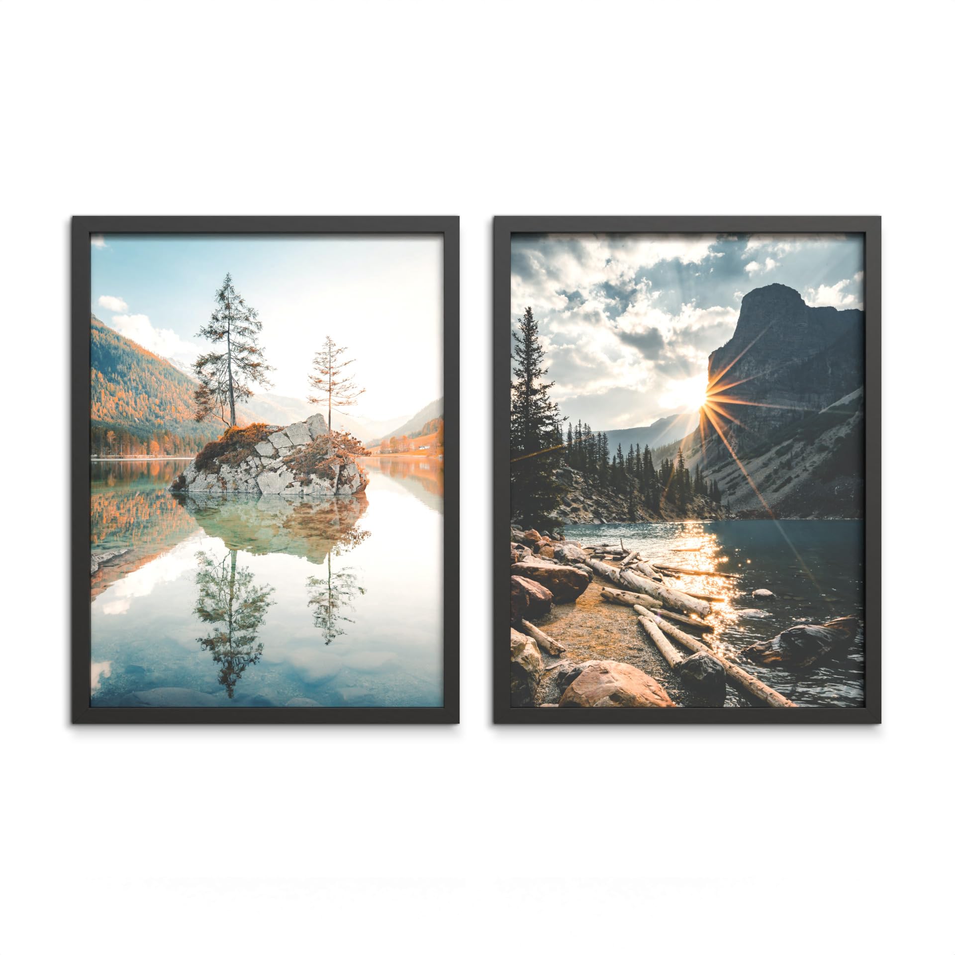STYLER Lot de 2 images 30 x 40 cm (prêt à suspendre) avec cadre de qualité supérieure - Paysages naturels pour salon et chambre à coucher - Rivière, lac, paysage naturel, montagnes