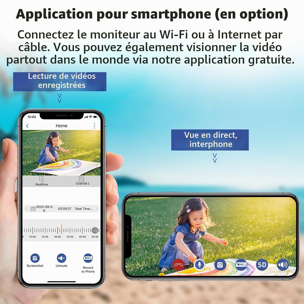 SecuFirst Kit de caméra de Surveillance extérieure avec Moniteur intérieur | écran tactile 7 pouces avec mémoire extensible jusqu'à 2 To, fonctionne sans Wi-Fi, caméra extérieure 2K, 32 Go