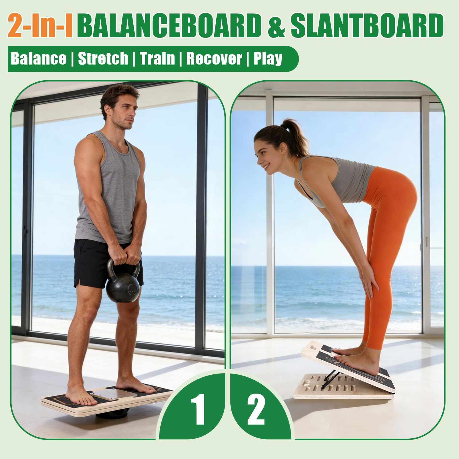 2 in 1 Tavoletta Propriocettiva & Tavola Inclinata in Legno | Balance Board Professionale, Slant Board 12 Angoli Regolabili, Antiscivolo Pieghevole, Interno Esterno Adulti Anziani Bambini