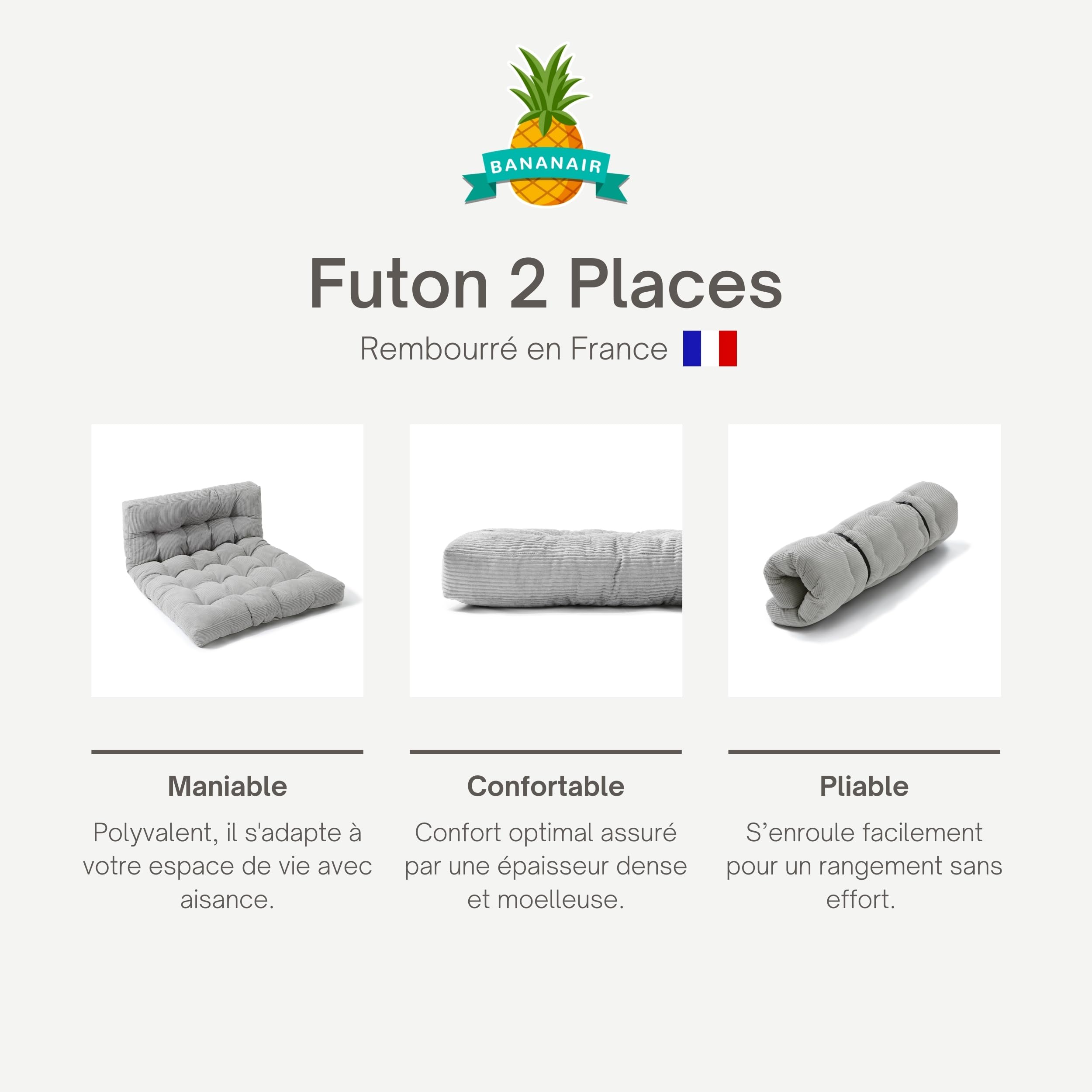 bananair - Futon 2 Places Épais & Confortable, Rembourrage en Mousse - Tissu en Velours Côtelé, Doux & Élégant - Sangles Incluses, Matelas de Sol Pliable Pratique (160x200 cm, Gris Clair)