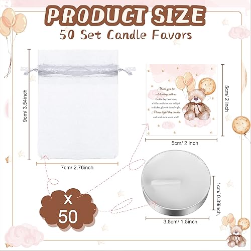 Miniatura 2 de Colarr Juego de 50 velas para baby shower, regalos para invitados con temática de oso, incluye 50 velas de té, 50 etiquetas de agradecimiento y 50