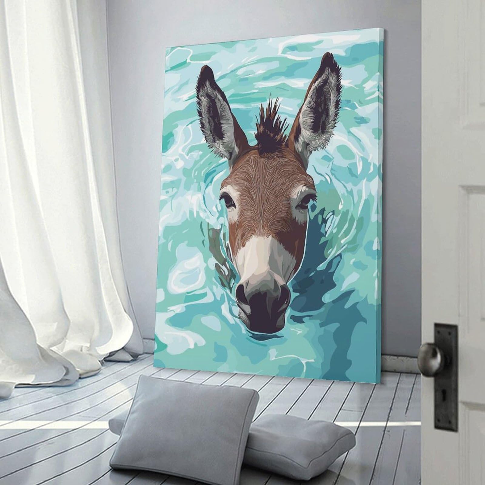 Junmoney Donkey Swimming in Blue Water Canvas Wall Decor, 08x12inch(20x30cm), for Bedroom, Guest Room Or Reading Nook, Canvas Wall Decor for Personal Spaces
