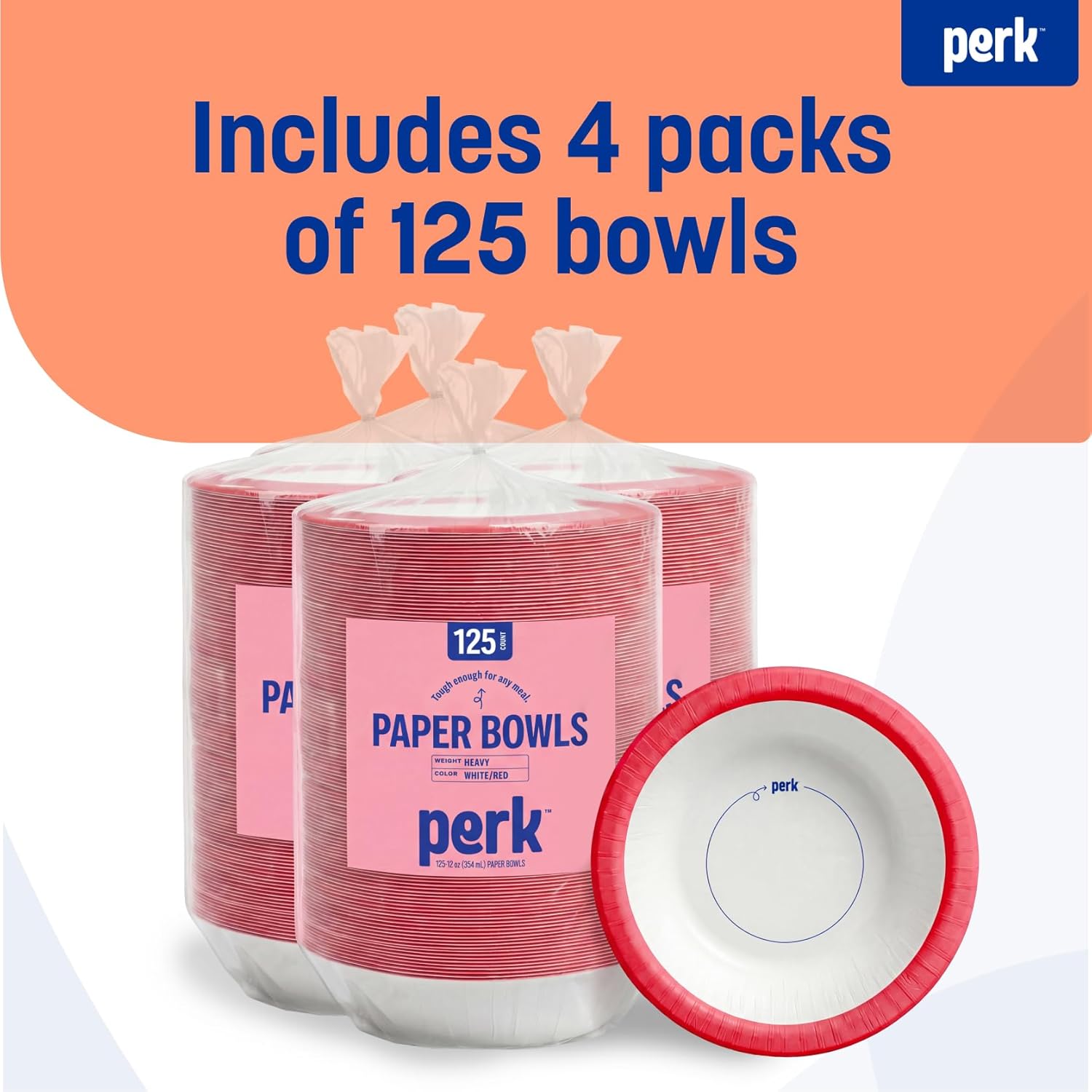 Perk Heavy‑Weight Paper Bowls, 12 Oz, 500 Count Bulk Disposable Bowls for Soups, Snacks & Everyday Meals, White/Orange