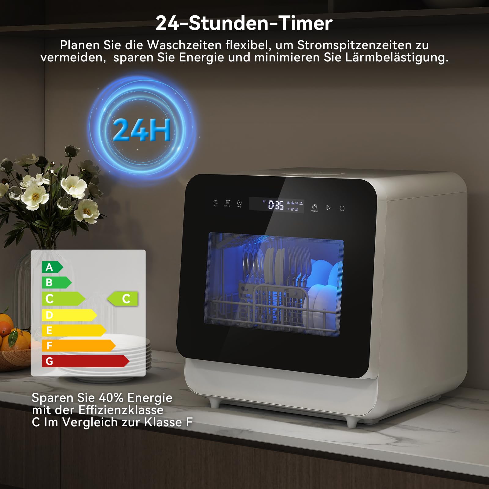 Mini Geschirrspüler 3 Gedecke Tischgeschirrspüler 5L Wassertank 6+1 Programme PTC Touch Control 24h Timer Kindersicherung