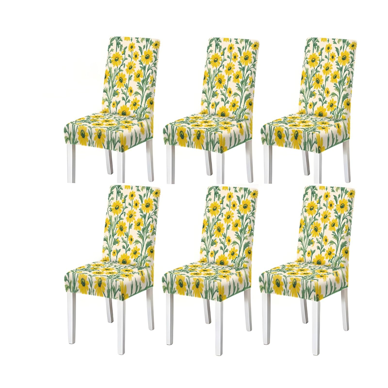 FZJKGH Yellow Daisy Floral Pattern Print Dining Chair Covers Set Of 2/4/6, Stretch Slipcovers For Kitchen Dining Room Removable Stretch Slipcovers for Dining Chairs(6PCSChair cover)