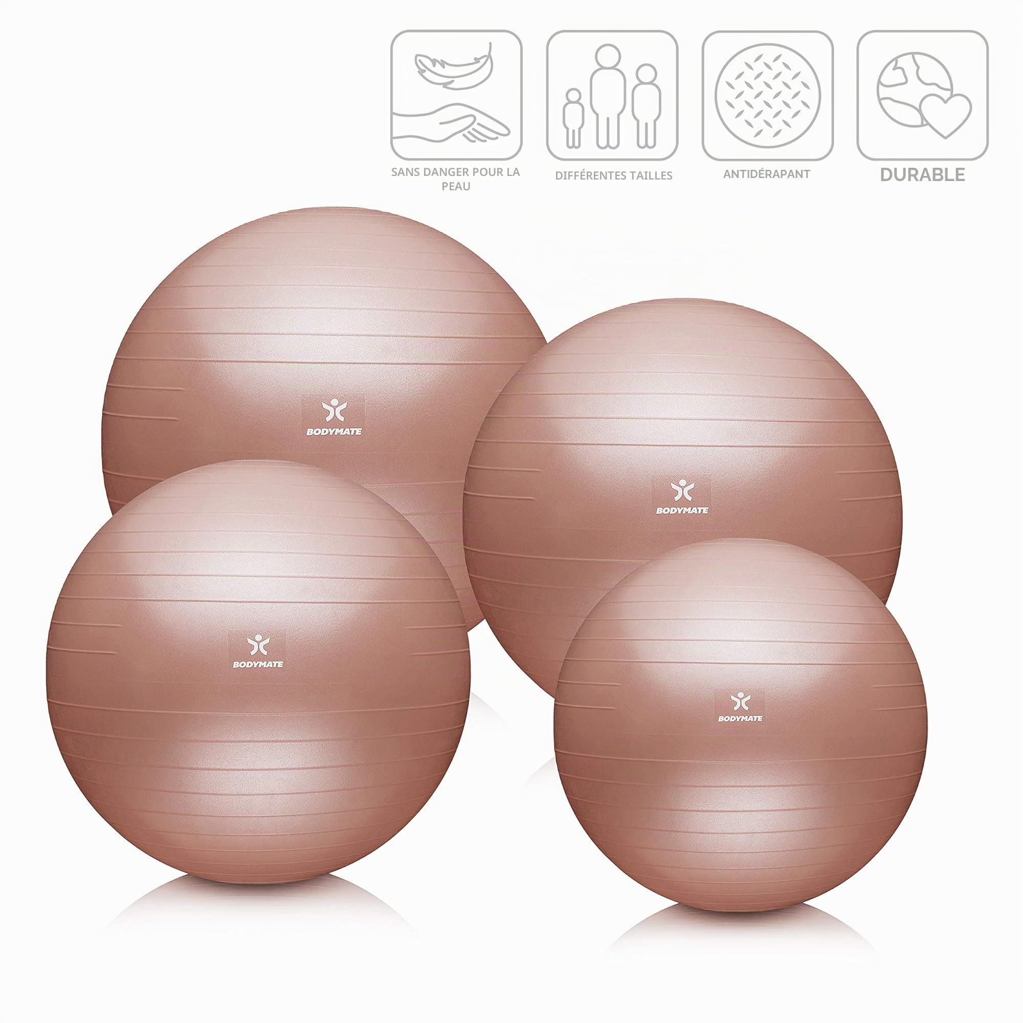 BODYMATE Ballon Fitness avec Pompe et E-Book - Tailles et Coloris Variés