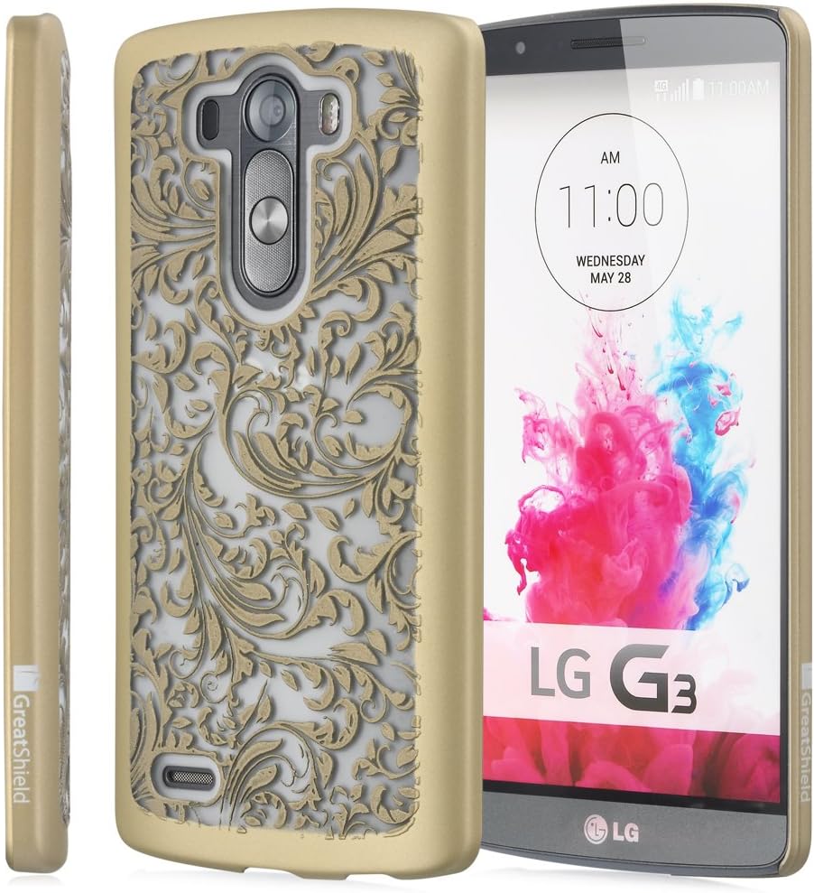 LG G3 Case, GreatShield [TACT | Quill Design] Slim Fit Flower Pattern Snap On Case Embossed Back Cover for LG G3 (Gold)