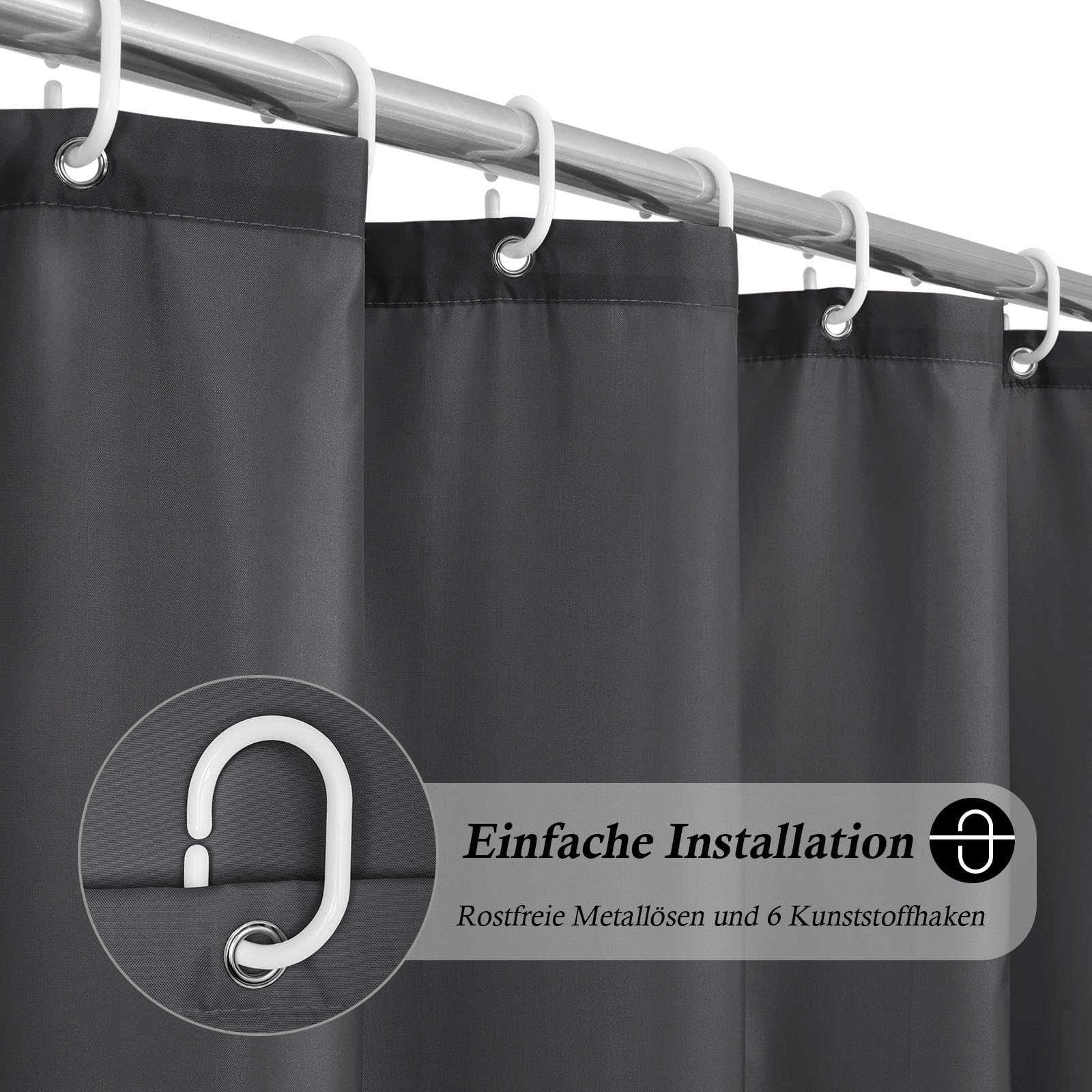 EurCross Cortina de ducha estrecha 100 x 200 cm, tela textil gris, cortina de ducha, cortina de baño, impermeable y antimoho, lavable y de secado rápido, cortina de ducha gris oscuro con 6 anillas