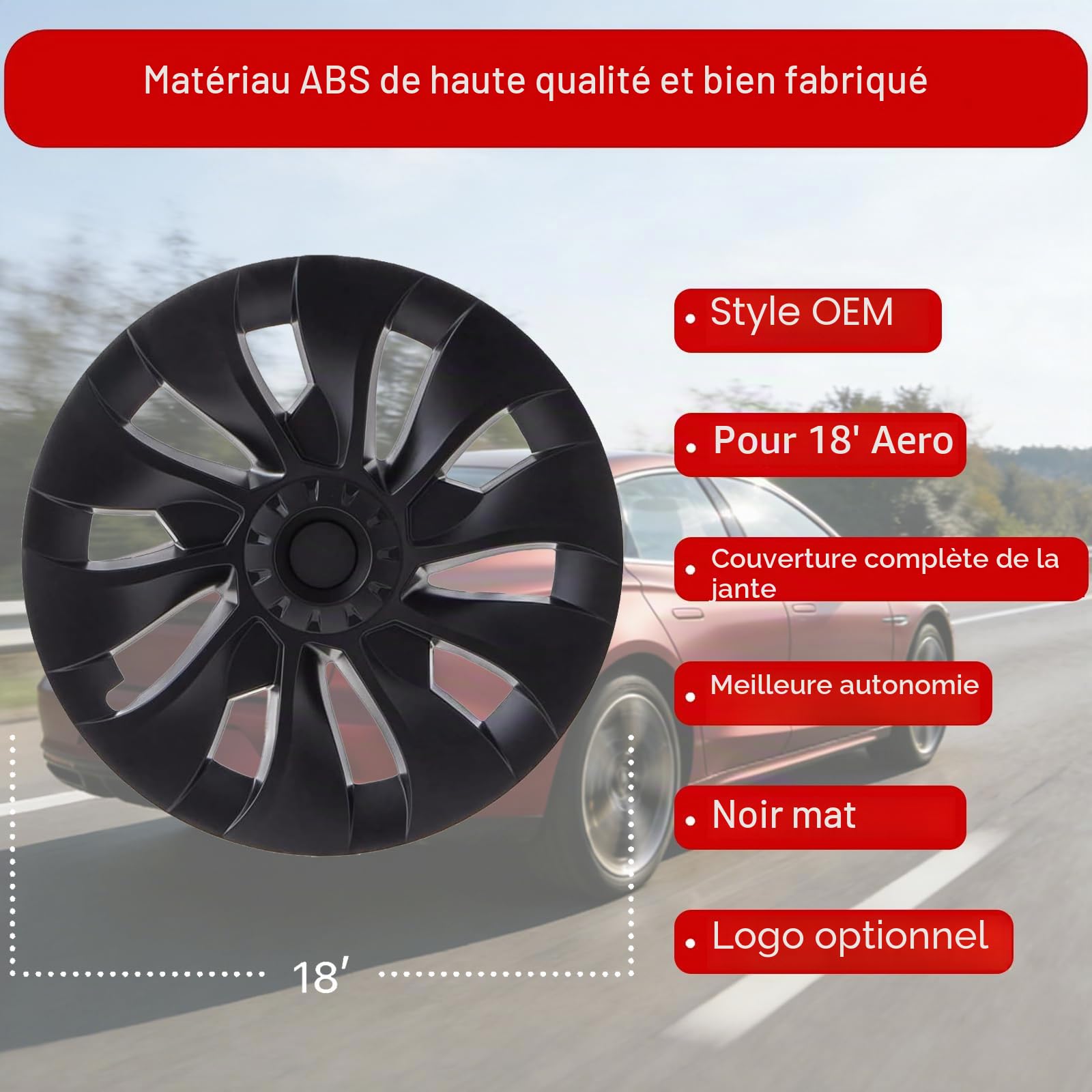 KAVANIC Enjoliveur de Roue pour Tesla Model 3 18 Pouces Noir Mat Logo de Soutien Amélioration de la Gamme (4 pièces) Style Uberturbine 2017-2023 Model 3 Enjoliveur de Roue Aero de Remplacement