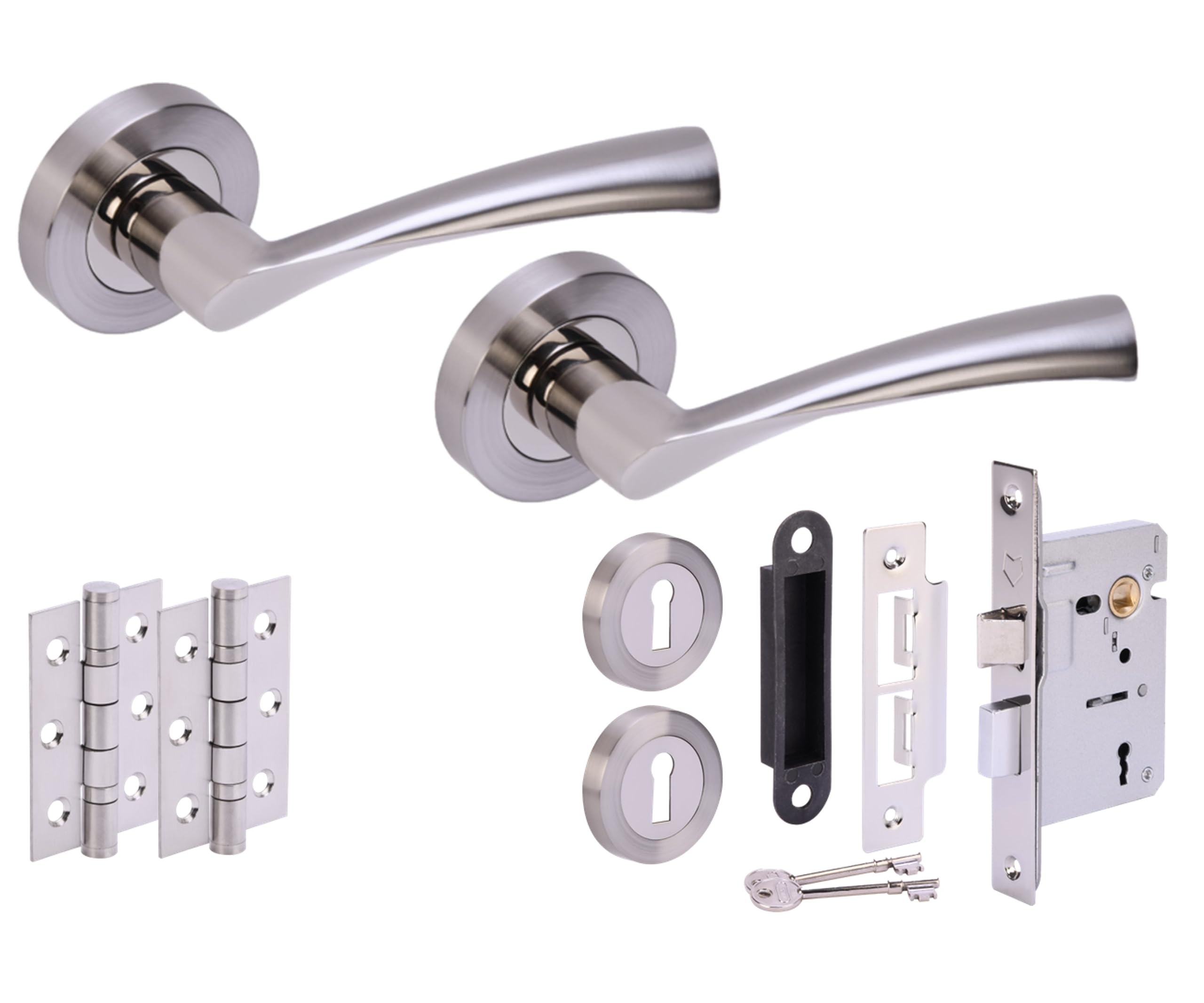 Hunta Polished Nickel / Satin Nickel Handlezone® Lobo Door Handles On Rose 3 Lever Lock Pack With 75Mm Ball Bearing Hinges And 76Mm Lock - Dual Polished/Satin Nickel
