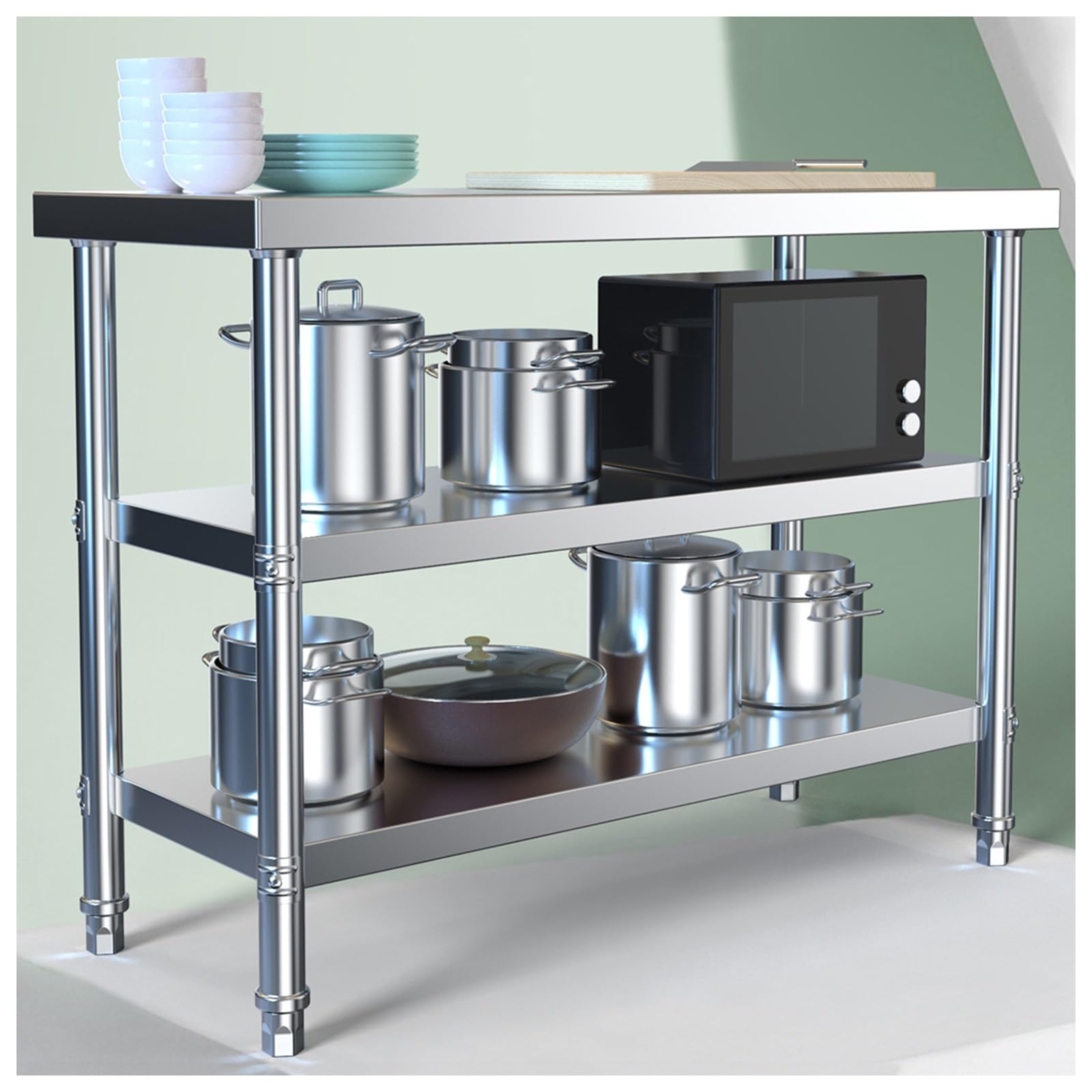 Tavolo da lavoro commerciale in acciaio inox, banco da lavoro a tre livelli con tagliere ispessito e ripiano per imballaggio, postazione di lavoro multifunzione da cucina (120 x 50 x 80 cm)