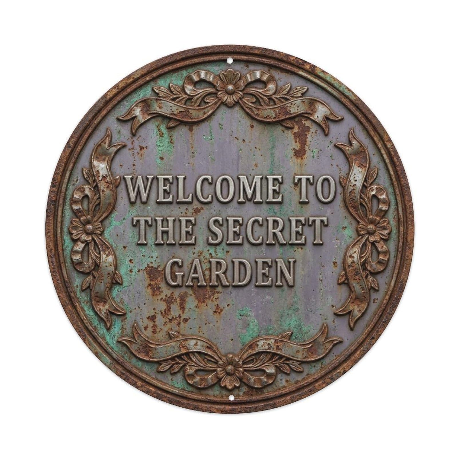 Vintage Welcome Secret Garden Iron Greypurple Ribbon Metal Tin Sign