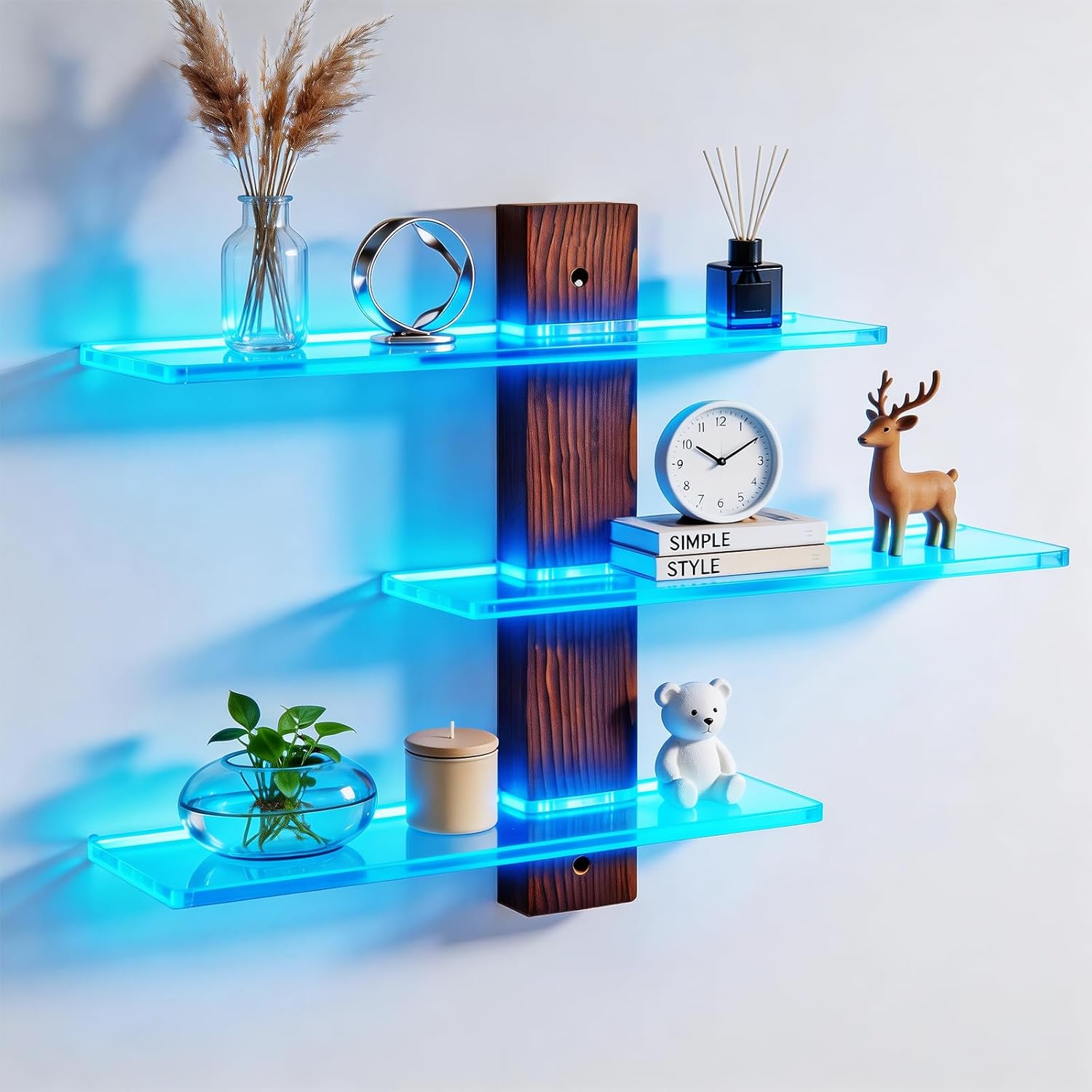 3 Tier Acrylic Wall Mounted Display Shelf with Lighting Display Case Shadow Box with RGB Lights LED Display Cabinet for Collectibles,Dolls,Perfumes,Small Plants,Blocks,Toys