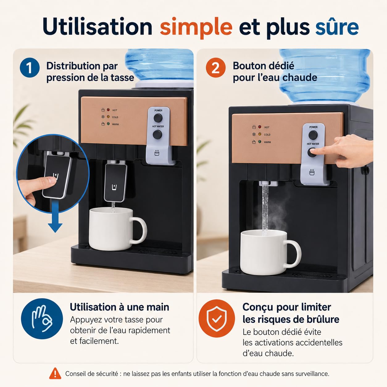 Distributeur d'eau électrique 550 W, source d'eau chaude et froide, pour bureau, maison, machine à eau avec bac de collecte d'eau amovible, pour seaux de 3,5 L, 5 L, 10 L, 18,9 L, pour