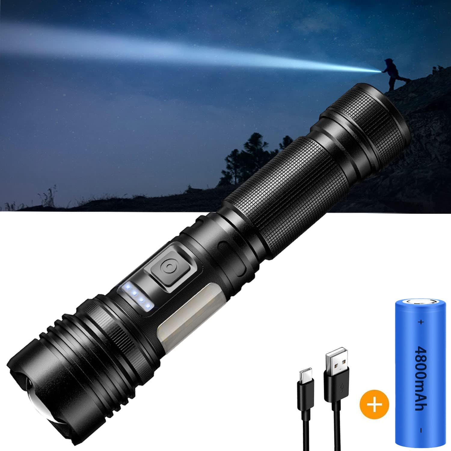ASORT 15000 Lumens Super Long Shot 1.5km LED Flashlight with COB Side Light, Rechargeable Type C Waterproof, Tail with Magnet for Camping, Hiking Emergencies (21700 Battery) [Energy Class A+++]
