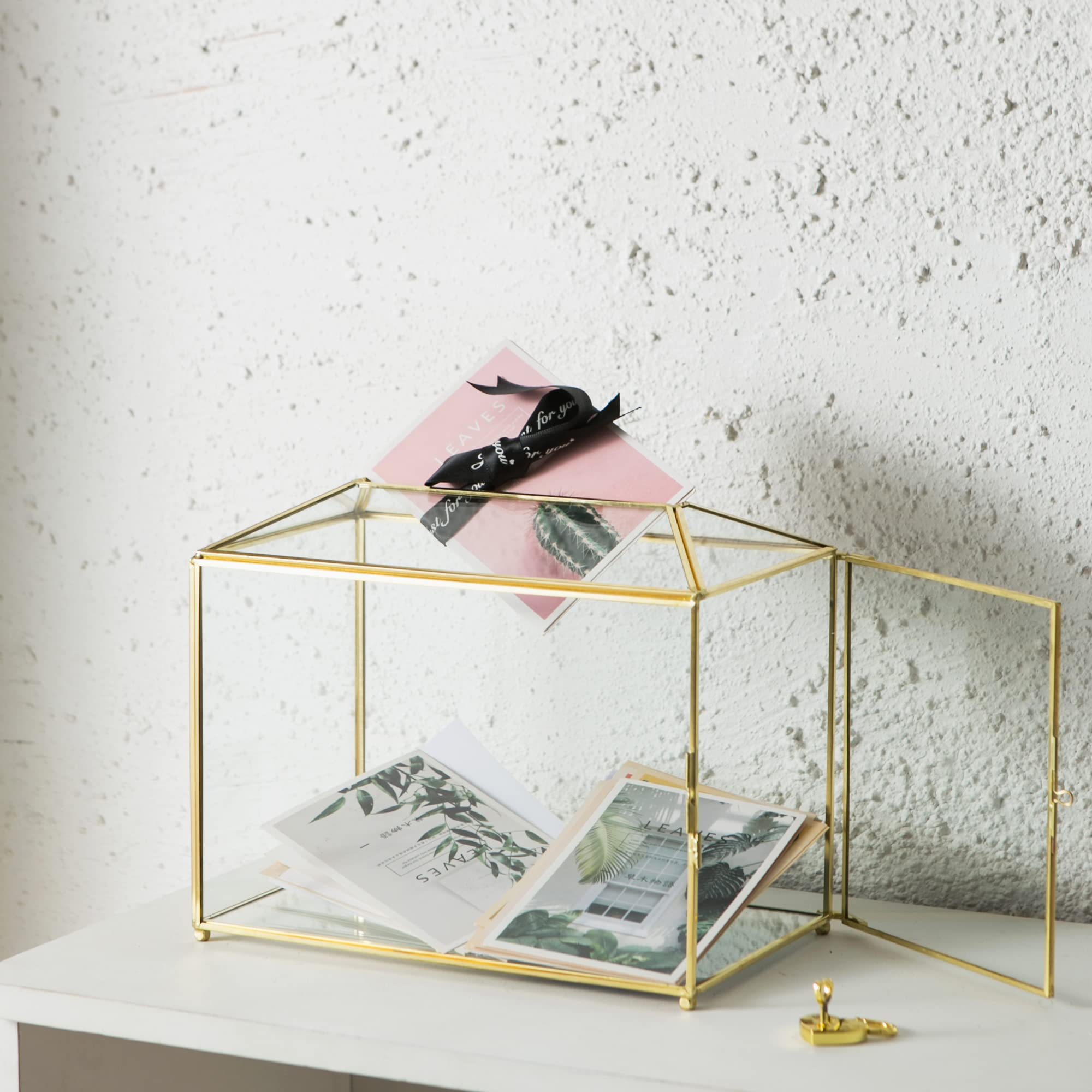 Grande boîte à cartes de mariage en verre transparent avec fente - 25,9 cm - En laiton doré - Avec serrure - Pour réceptions de mariage, fête prénatale, fête d'anniversaire